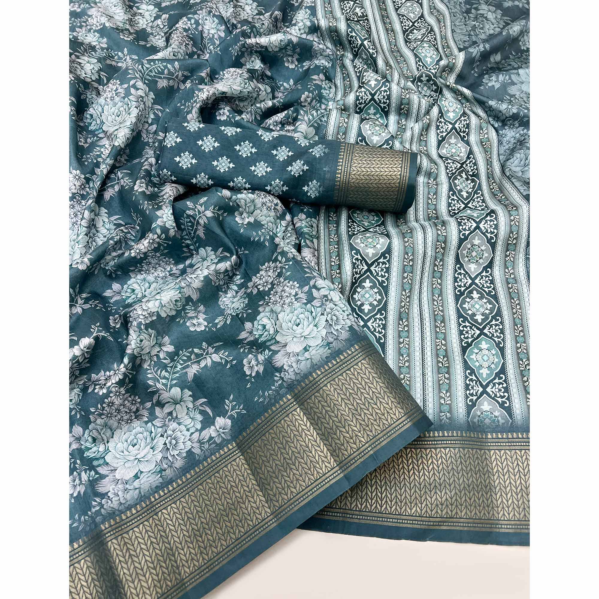 Teal Dola Silk Saree With Floral Digital Prints & Elegant Zari Weaving Border