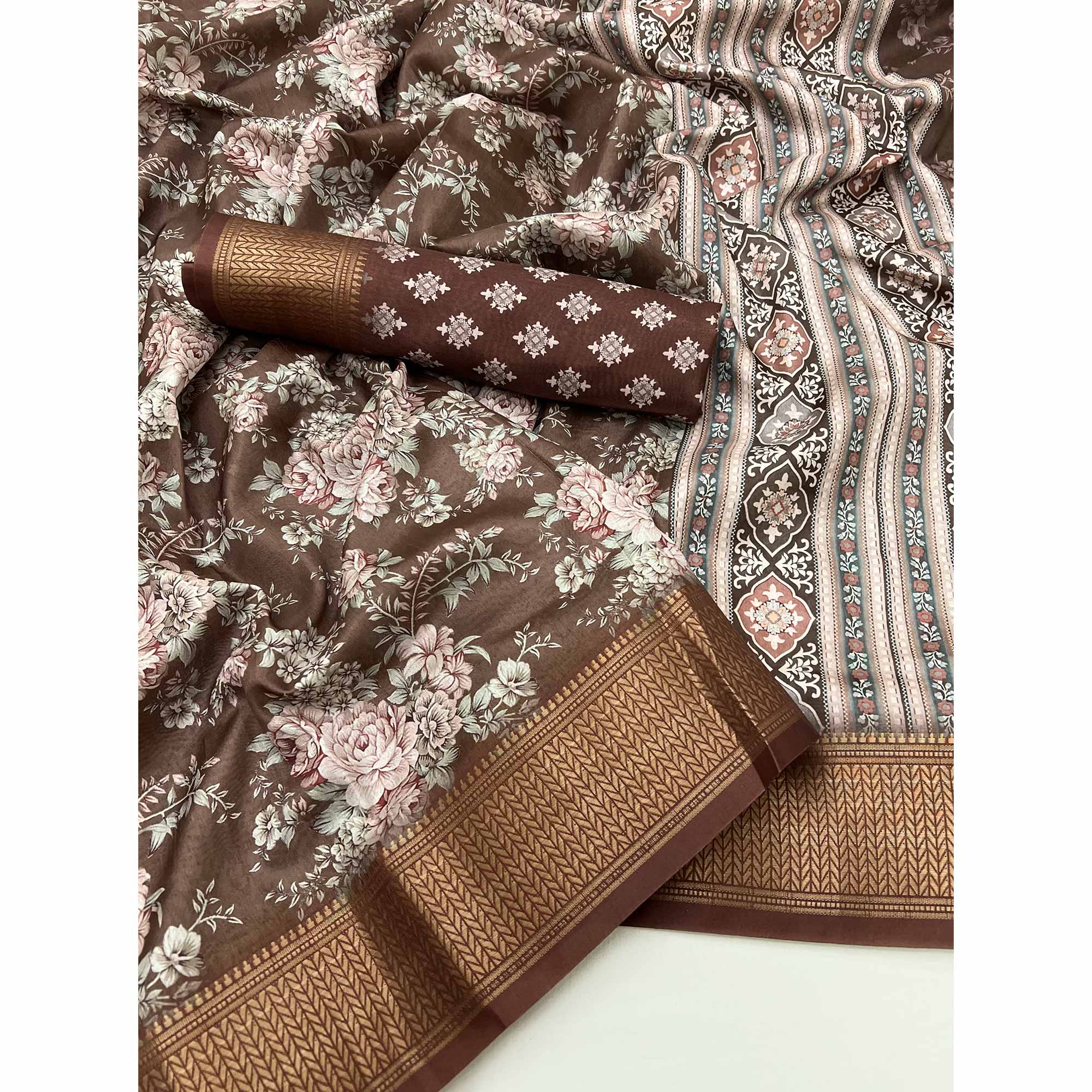 Brown Dola Silk Saree With Floral Digital Prints & Elegant Zari Weaving Border