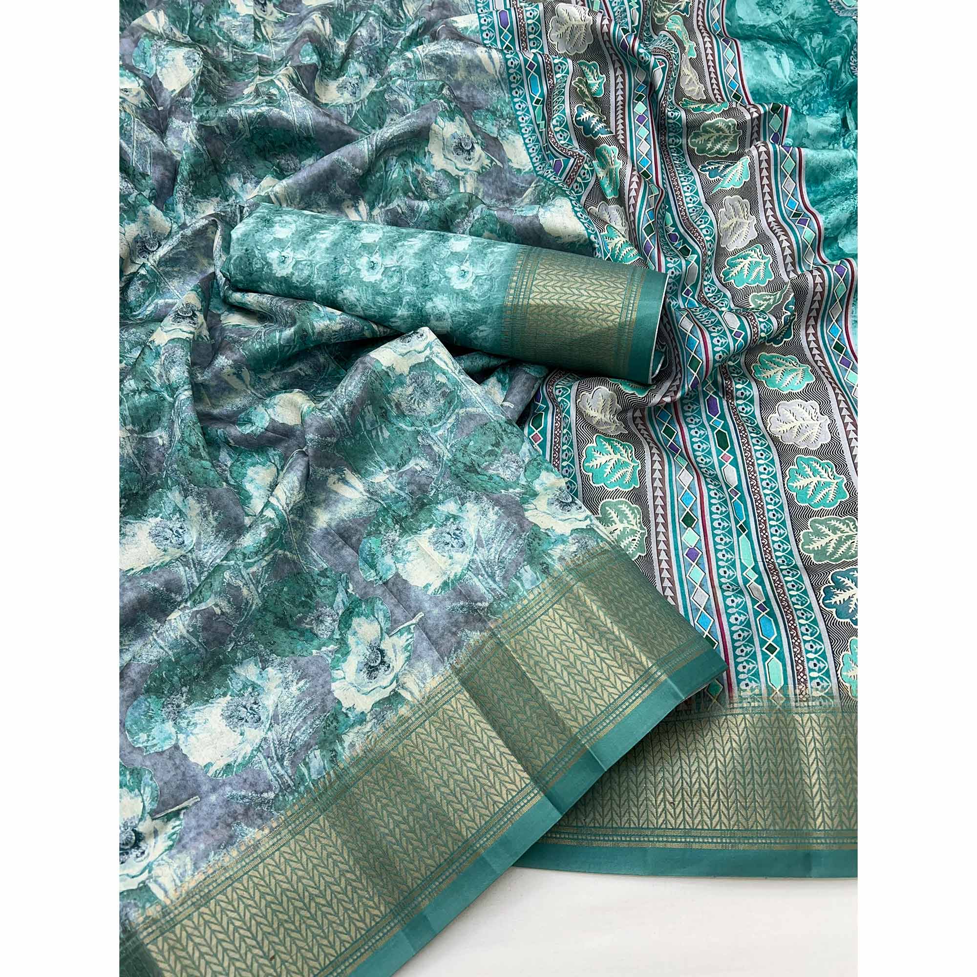 Rama Green Elegance In Dola Saree Featuring Blooming Digital Prints & Zari Border & Tassel Pallu