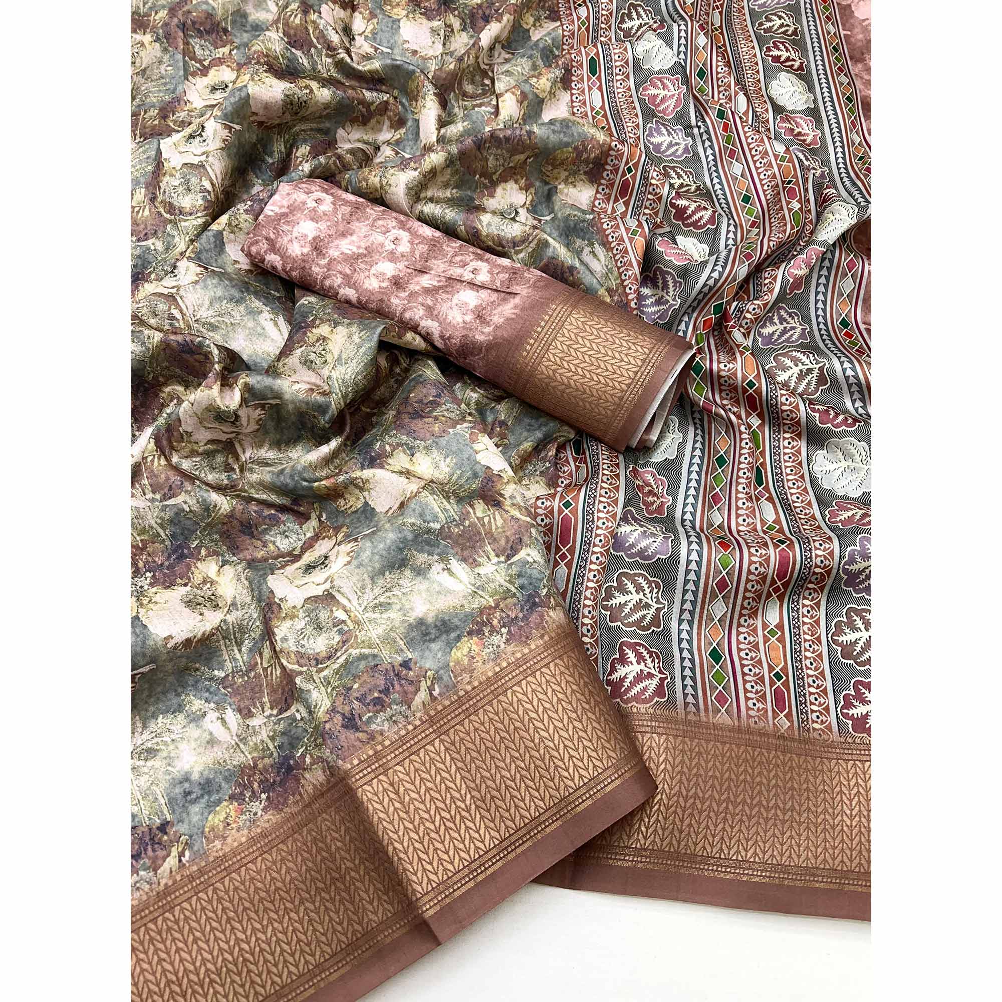 Brown Elegance In Dola Saree Featuring Blooming Digital Prints & Zari Border & Tassel Pallu