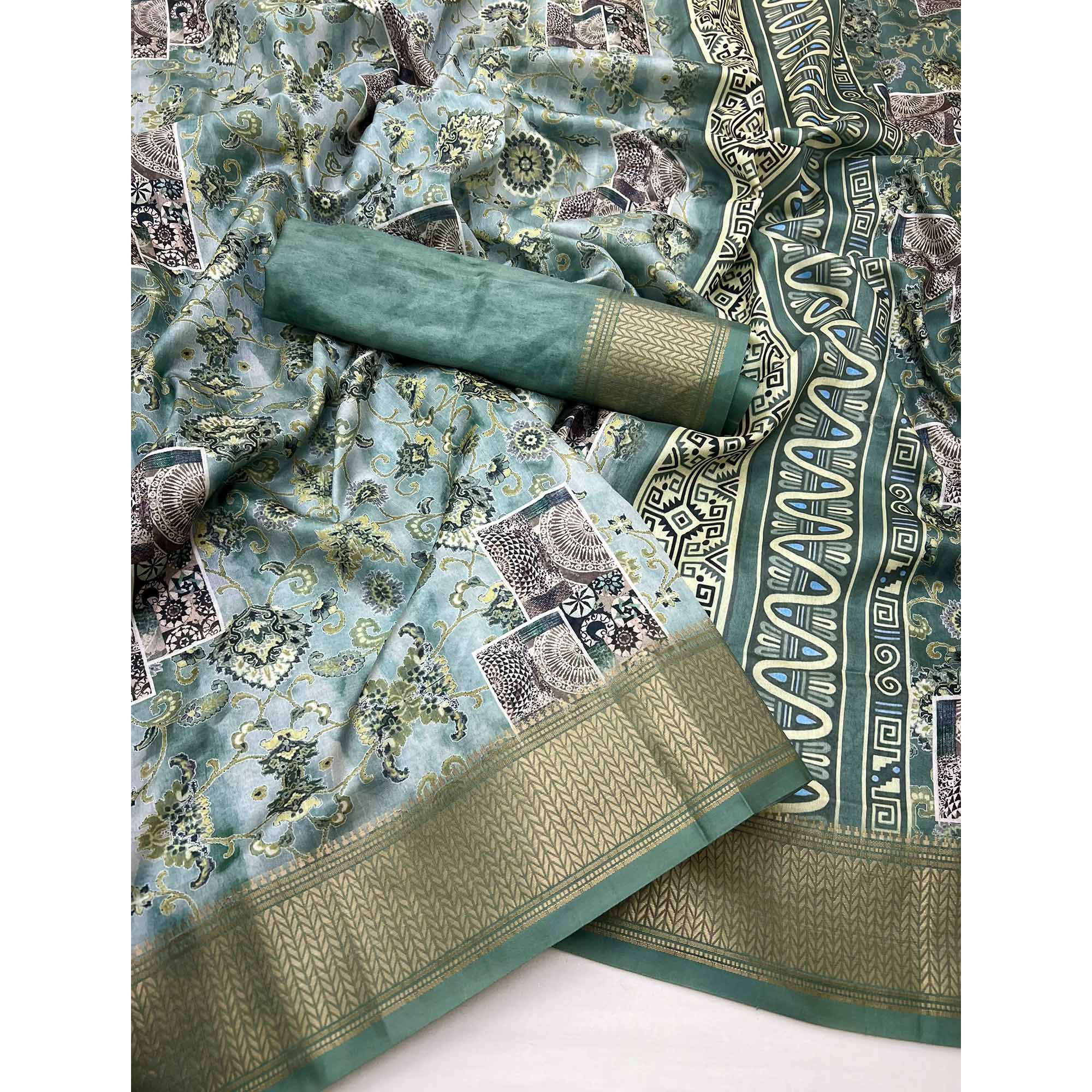Sage Green Floral Digital Printed Saree In Dola Silk With Shimmering Zari Border & Tassel