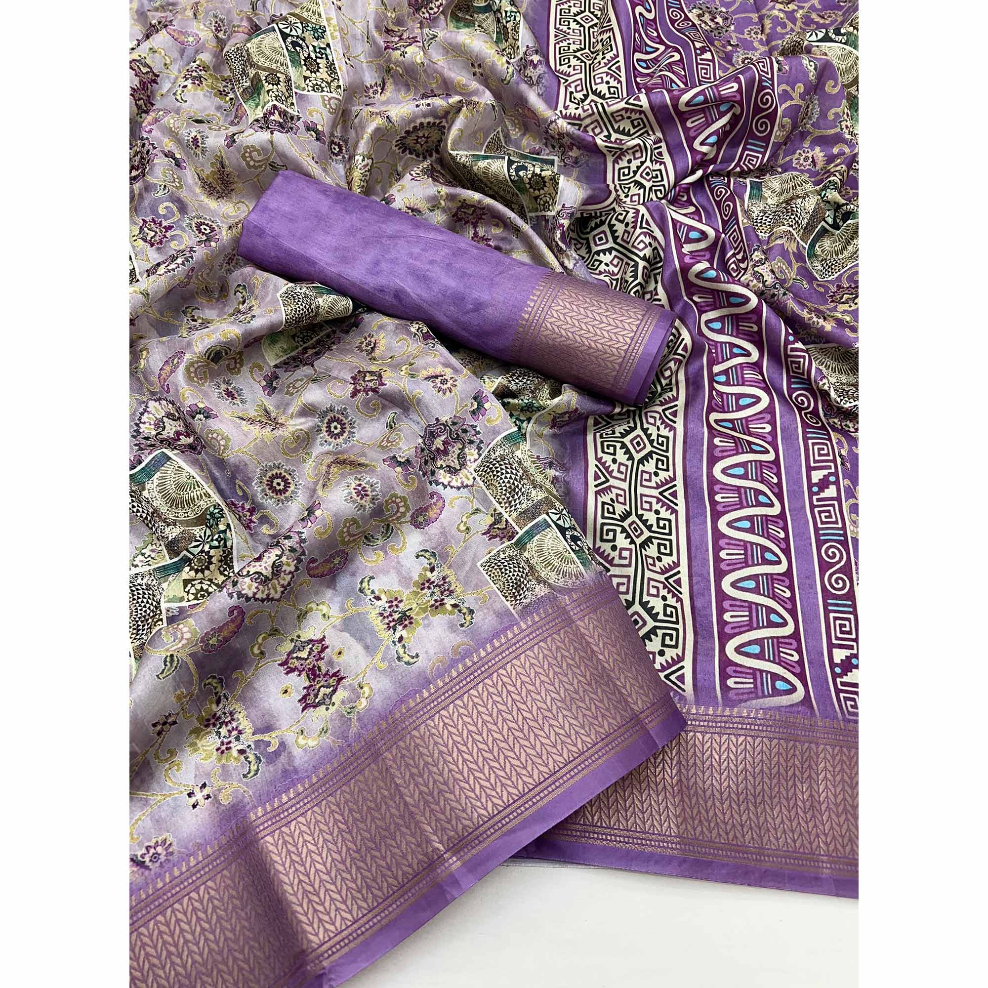 Lavender Floral Digital Printed Saree In Dola Silk With Shimmering Zari Border & Tassel