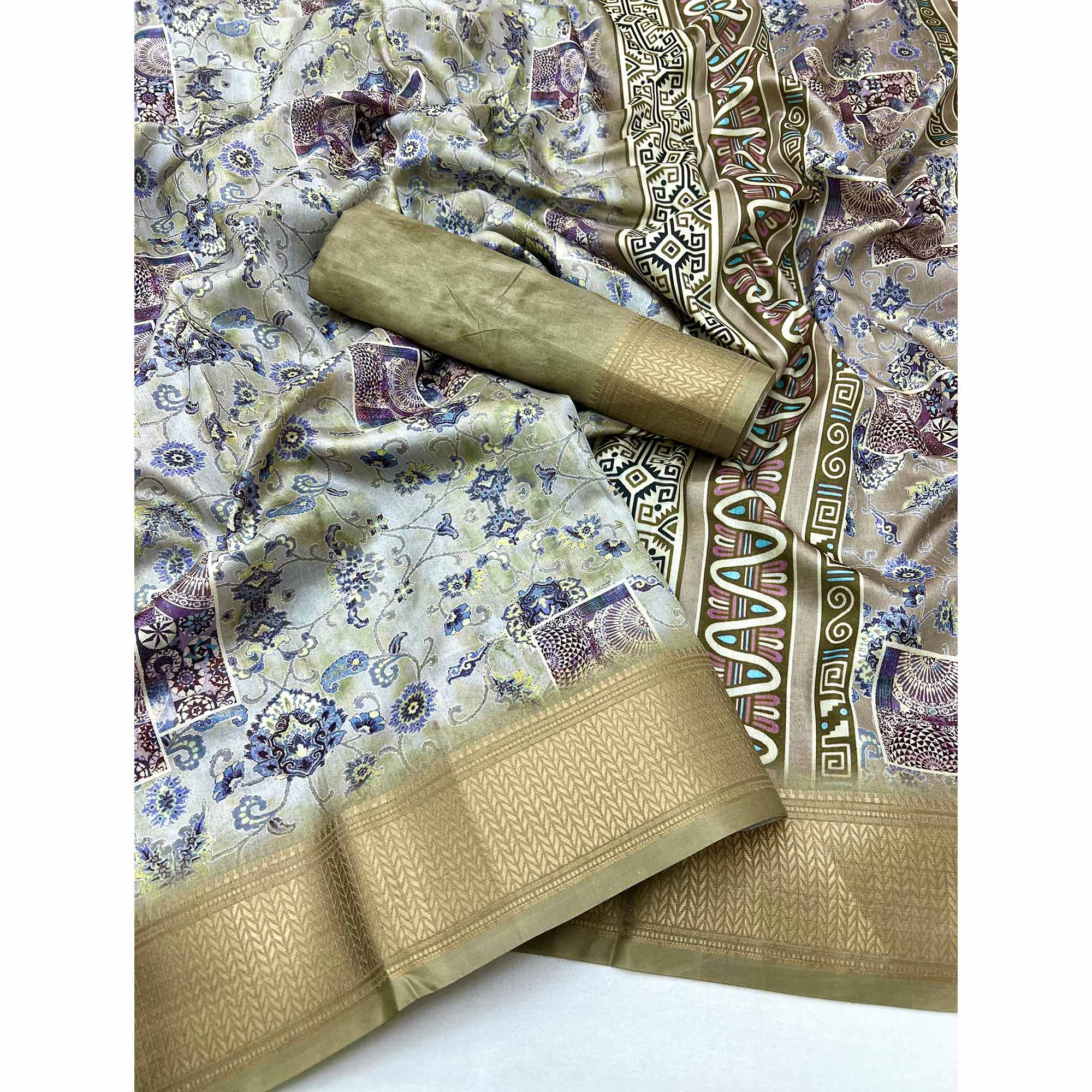 Olive Green Floral Digital Printed Saree In Dola Silk With Shimmering Zari Border & Tassel