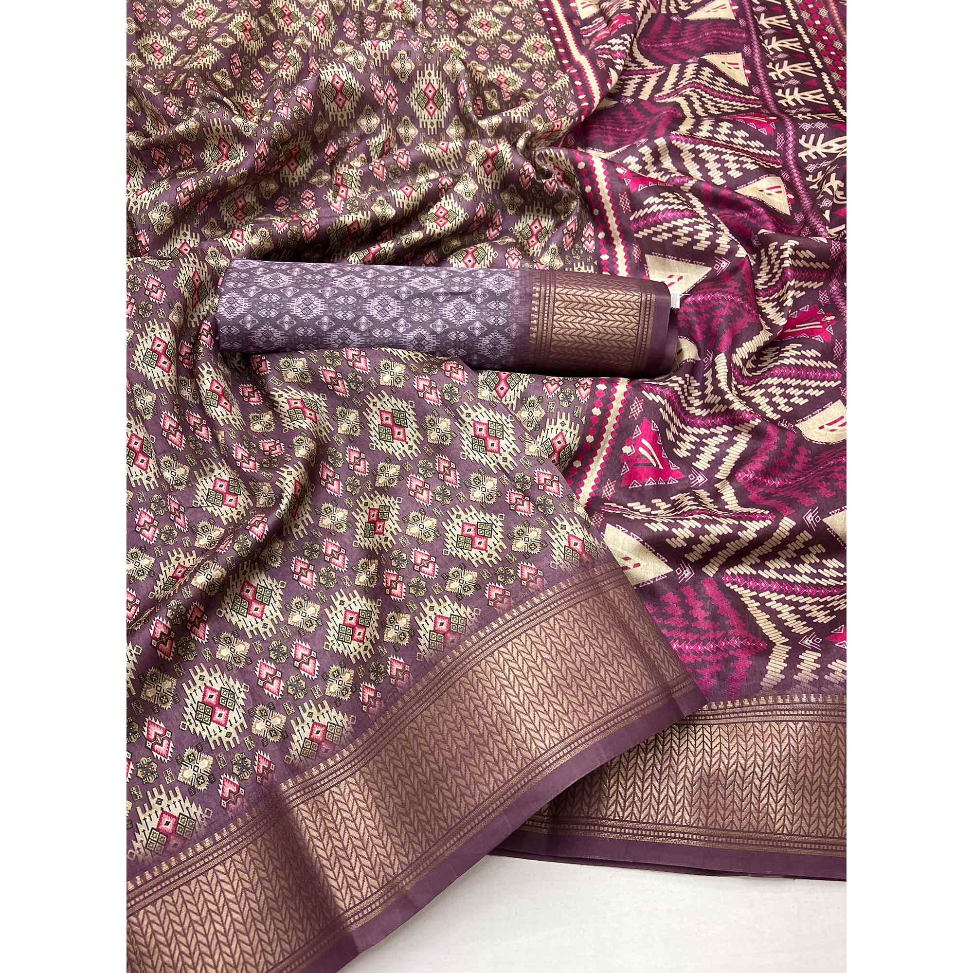 Carolina Plum Purple Dola Silk Saree With Intricate Digital Prints & Zari Woven Border