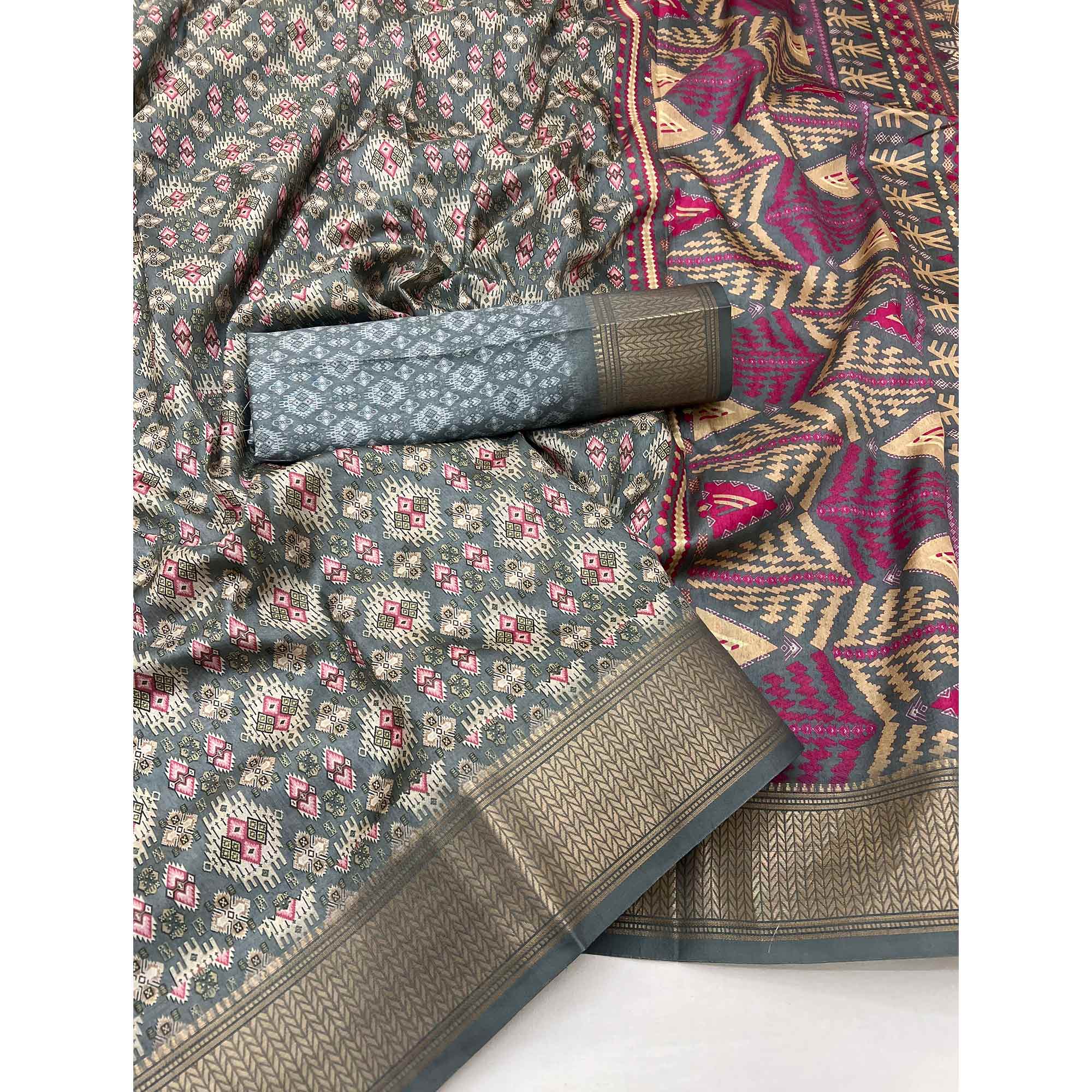 Grey Dola Silk Saree With Intricate Digital Prints & Zari Woven Border