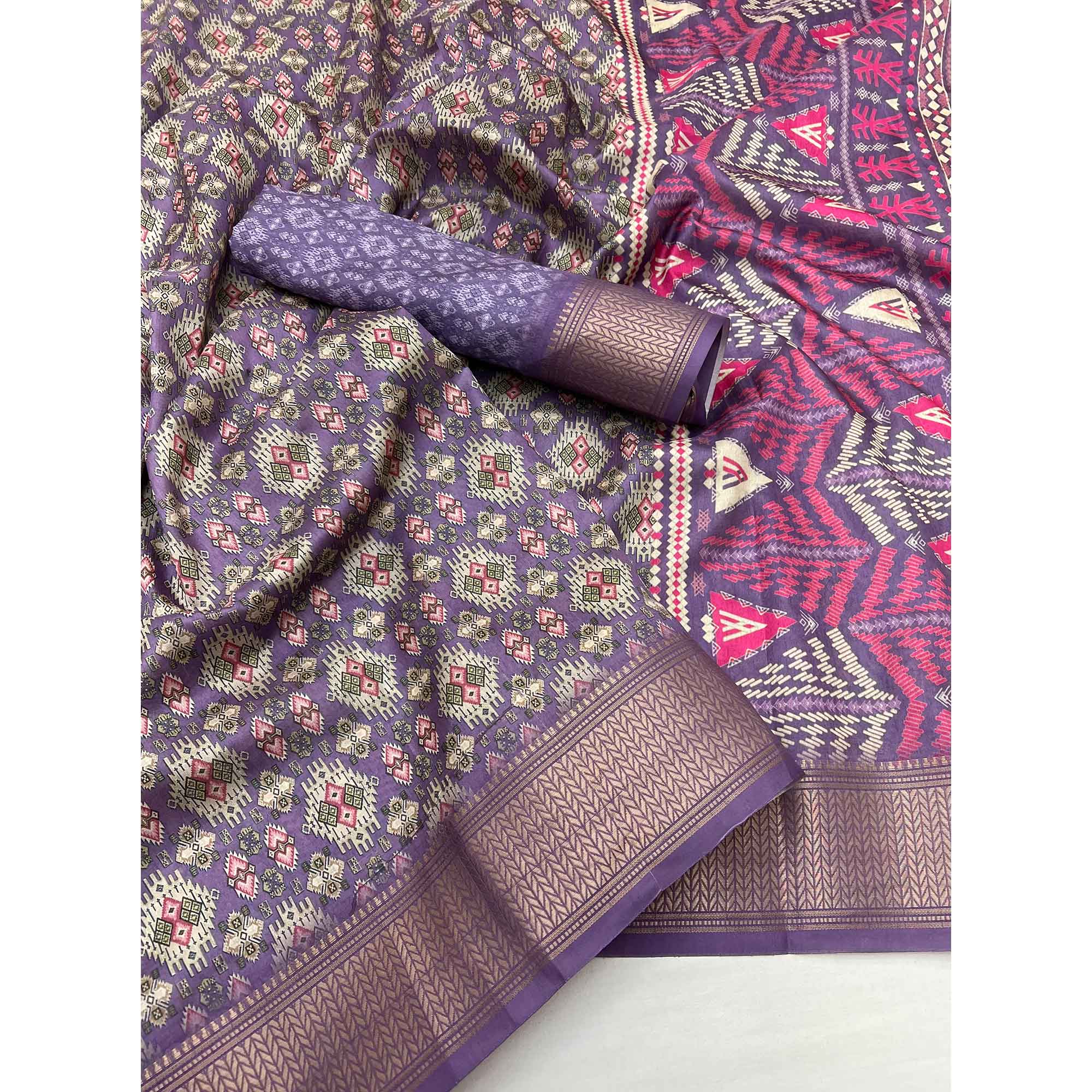 Lavender Dola Silk Saree With Intricate Digital Prints & Zari Woven Border