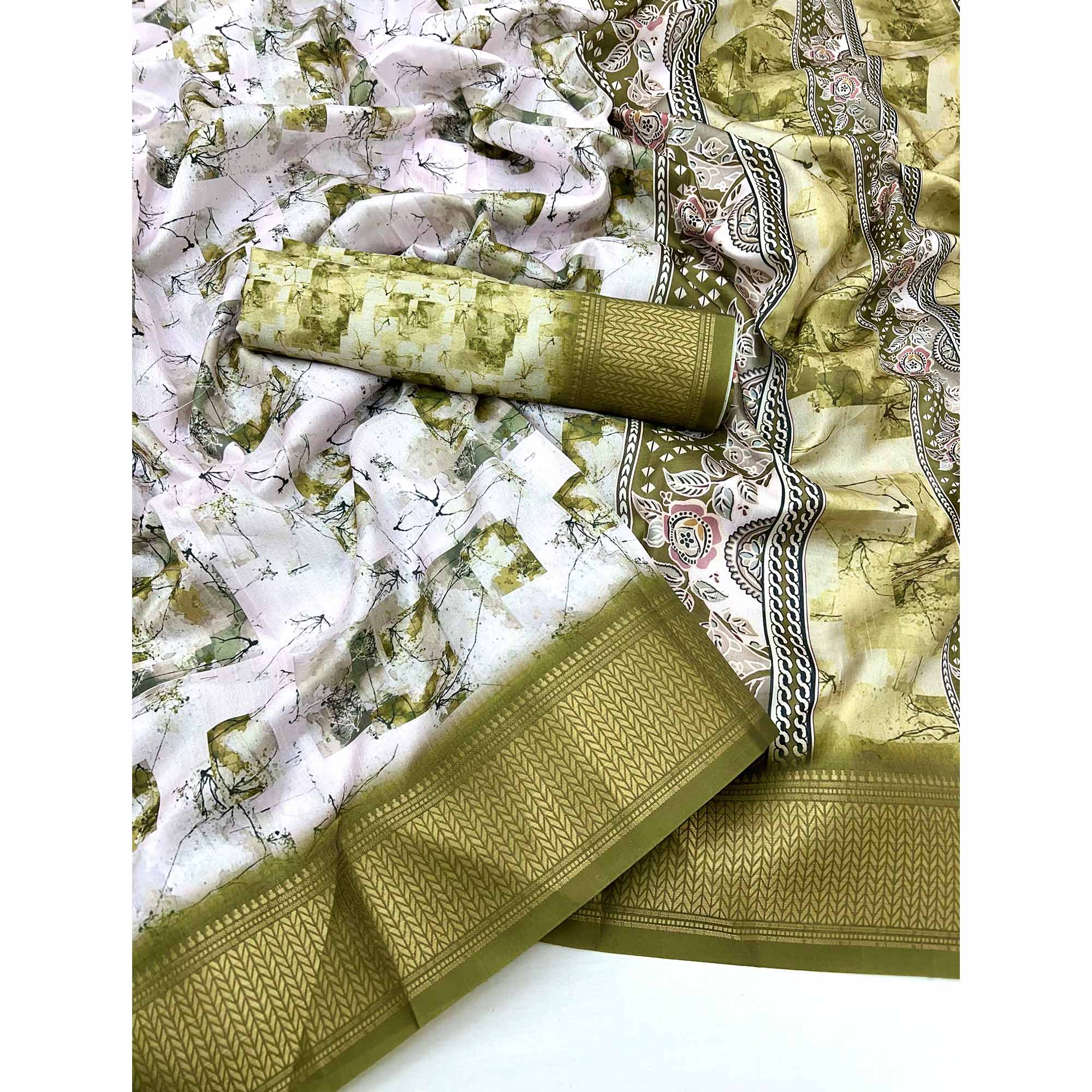 Green Digital Printed Dola Saree Featuring Elegant Weaving Border & Stylish Tassel Pallu