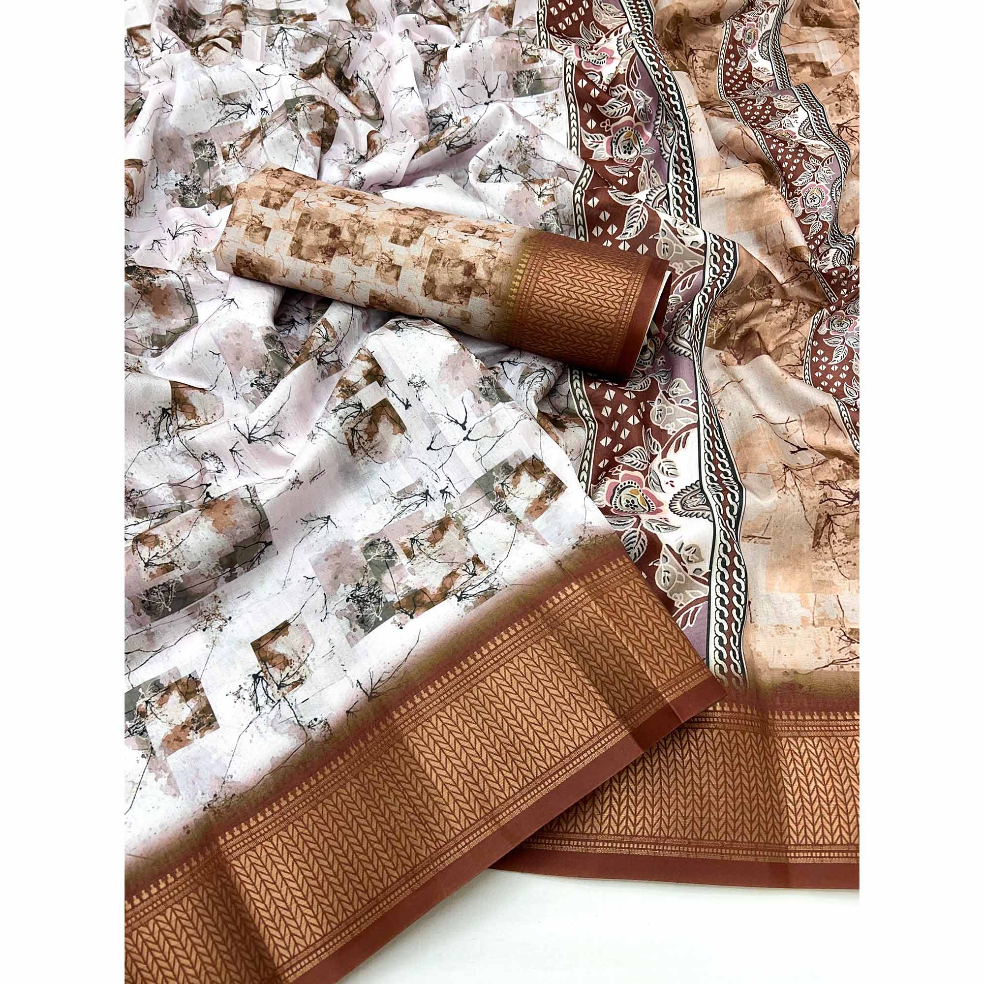 Brown Digital Printed Dola Saree Featuring Elegant Weaving Border & Stylish Tassel Pallu