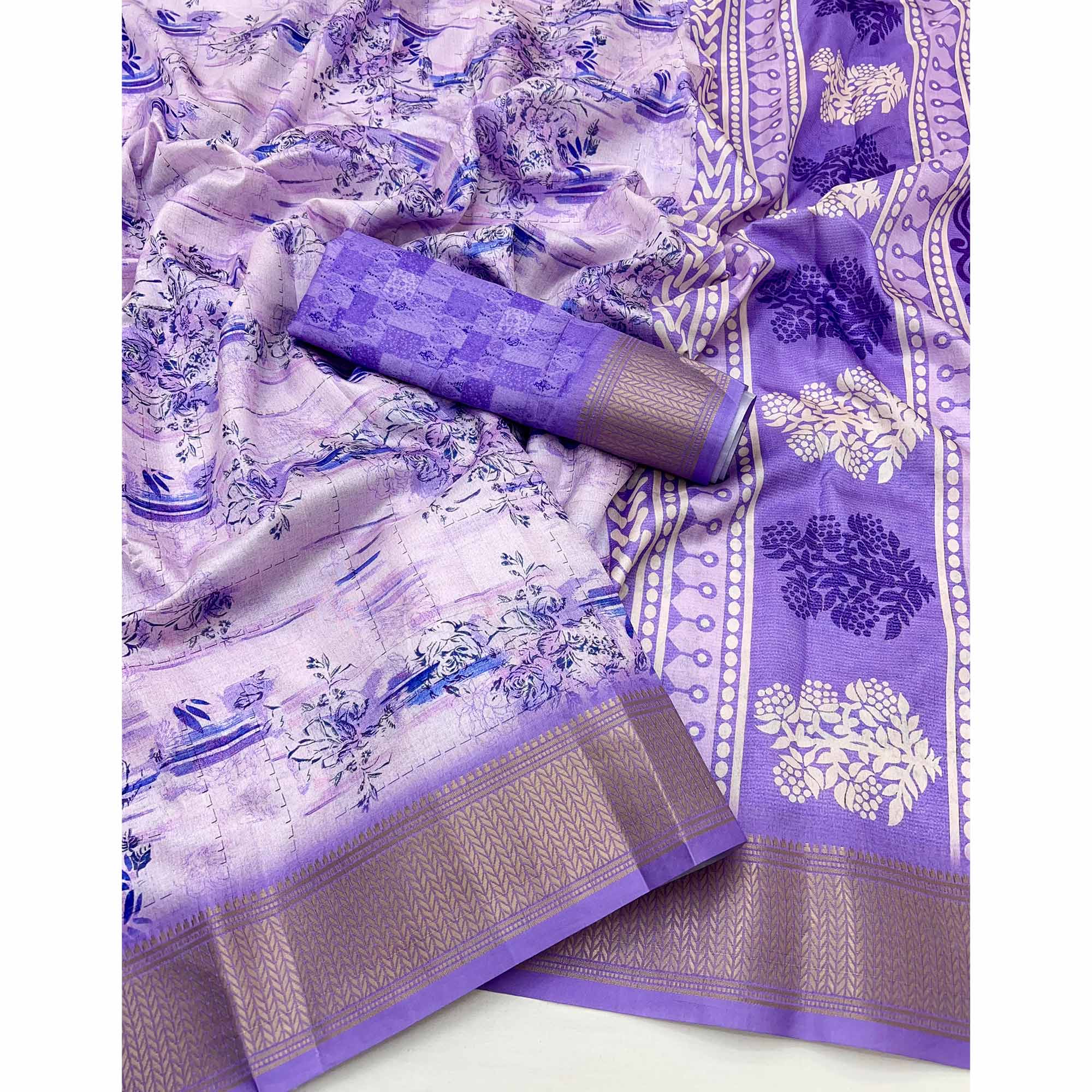 Floral Digital Printed Lavender Dola Silk Saree Accented With Intricate Woven Border & Tassel Pallu