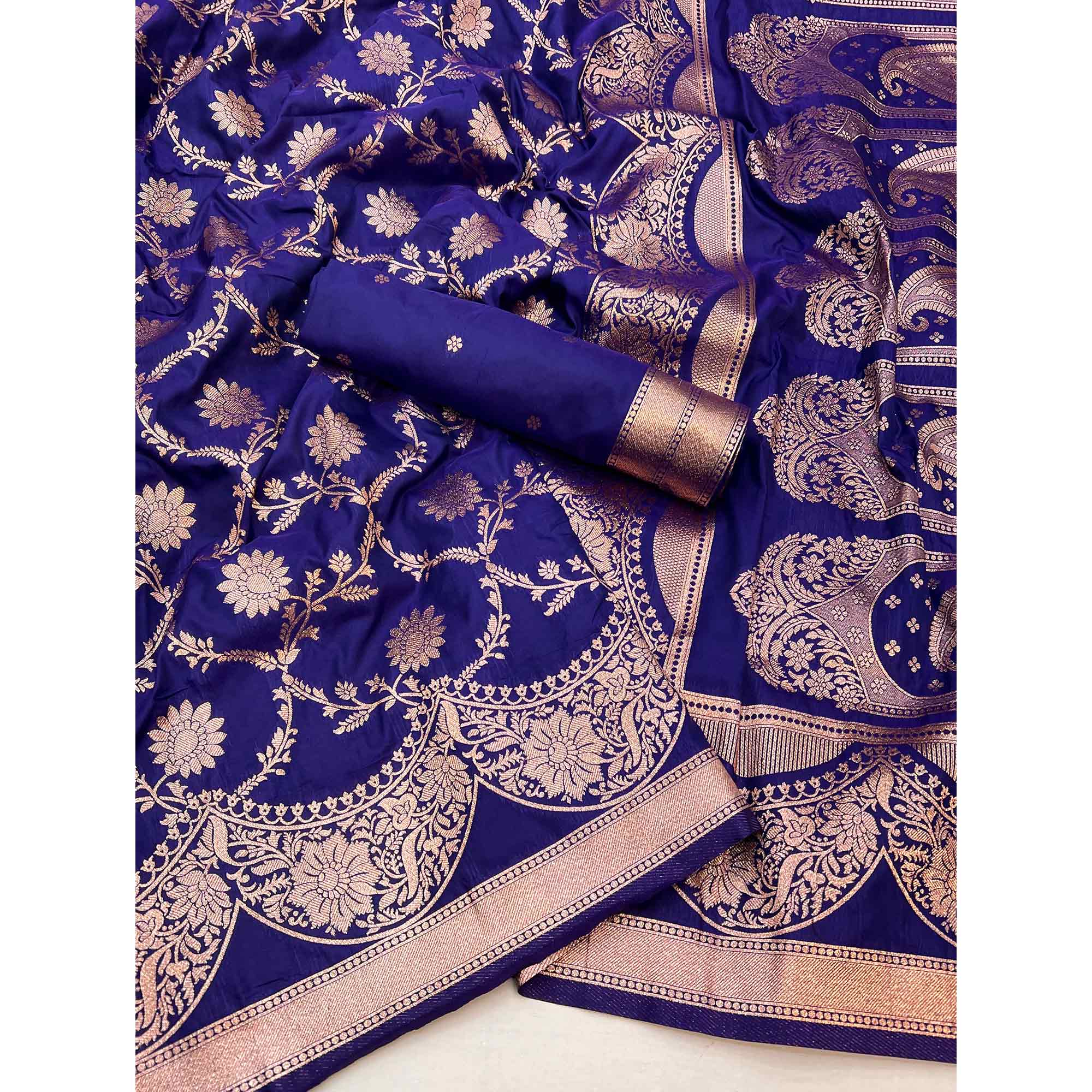 Blue Art Silk Saree With Intricate Floral Zari Weaving & Banarasi Pallu