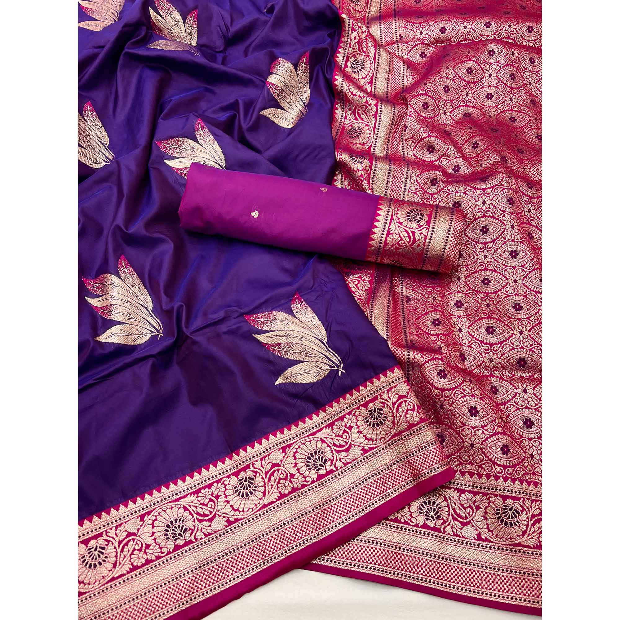 Indigo Purple Saree In Art Silk Adorned With Floral Zari Work & Traditional Banarasi Pallu