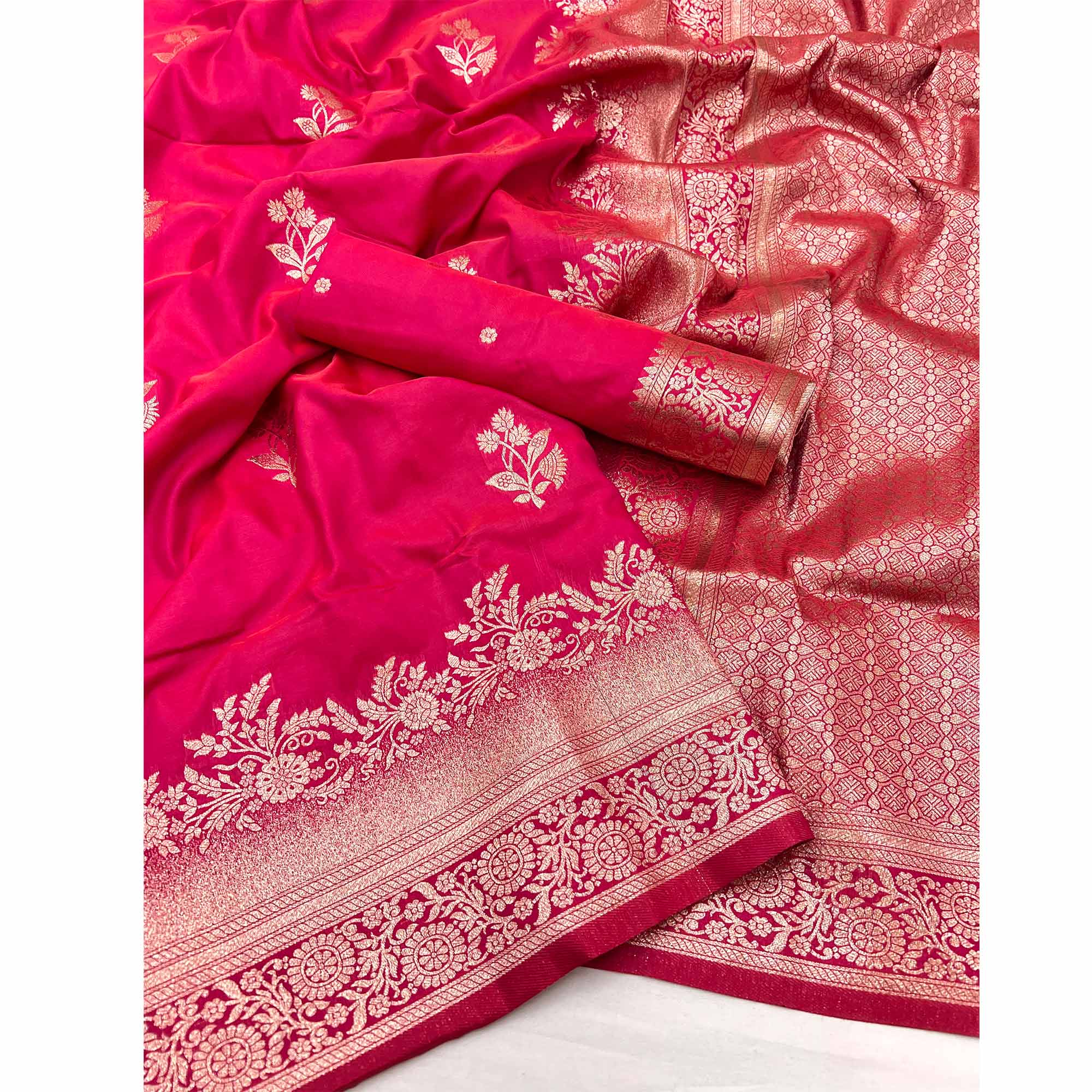 Rani Pink Art Silk Saree Featuring Intricate Floral Zari Weaving & An Elegant Banarasi Pallu