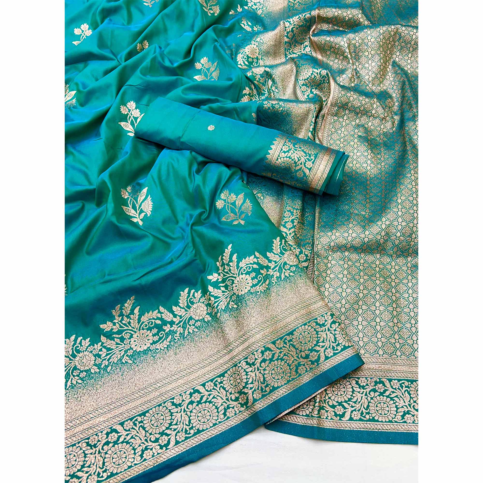 Rama Blue Art Silk Saree Featuring Intricate Floral Zari Weaving & An Elegant Banarasi Pallu