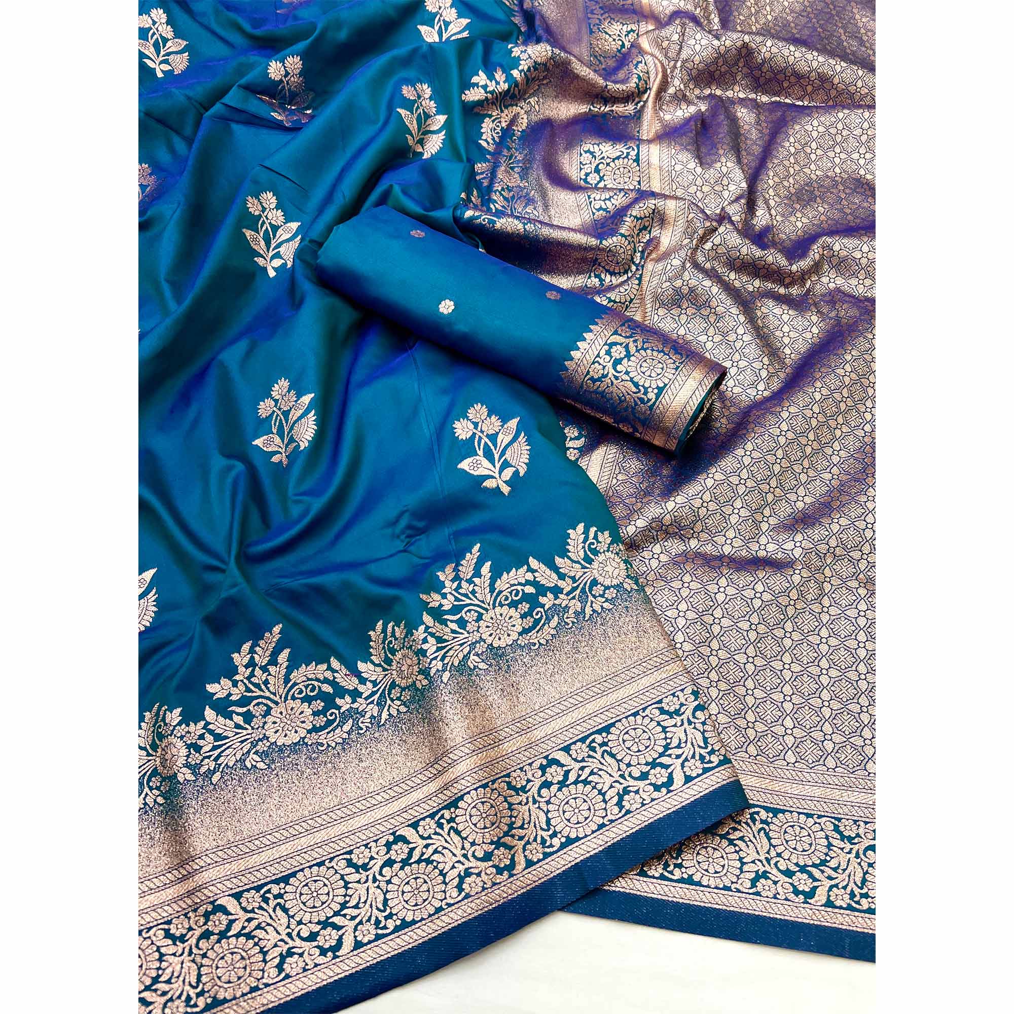 Morpich Blue Art Silk Saree Featuring Intricate Floral Zari Weaving & An Elegant Banarasi Pallu