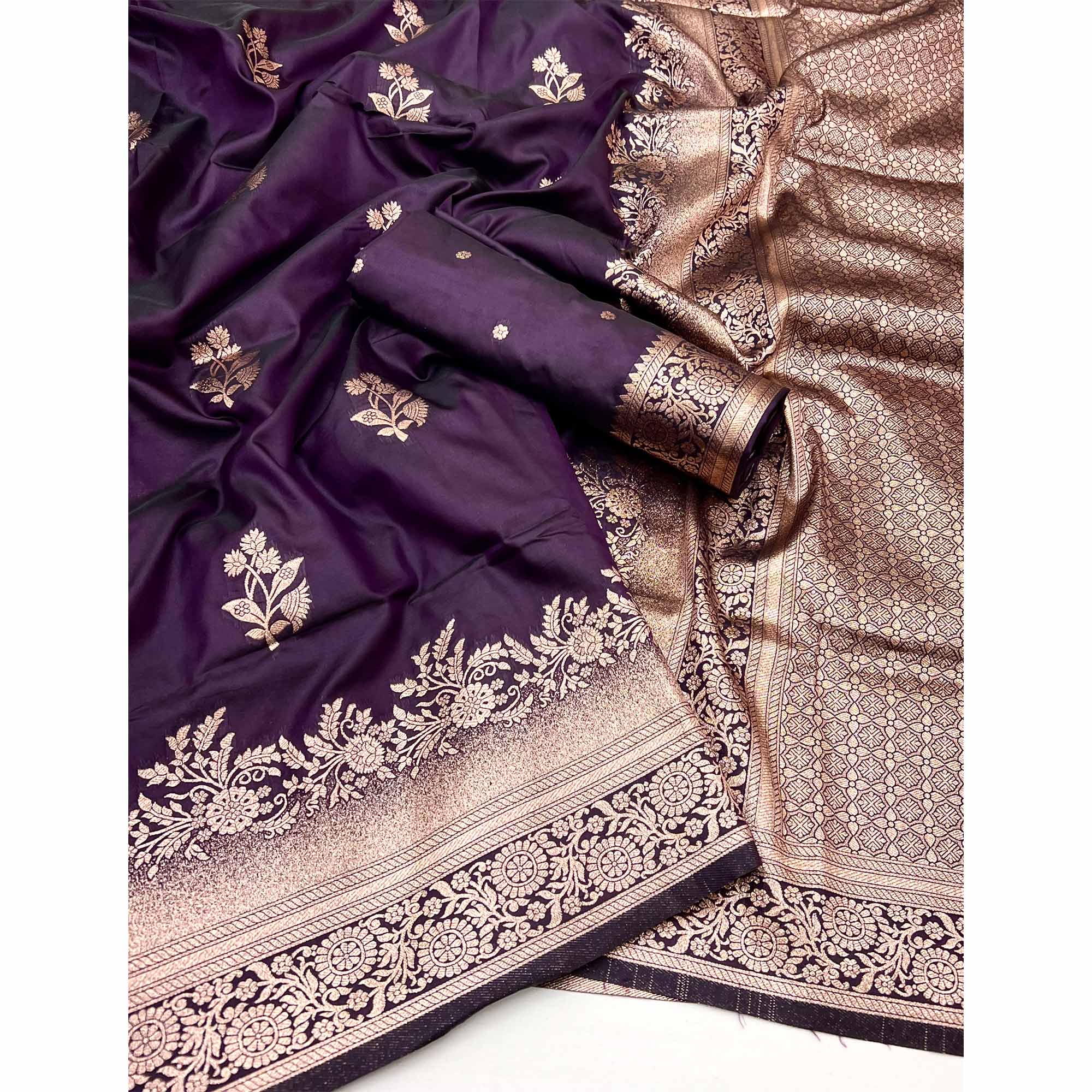 Wine Art Silk Saree Featuring Intricate Floral Zari Weaving & An Elegant Banarasi Pallu