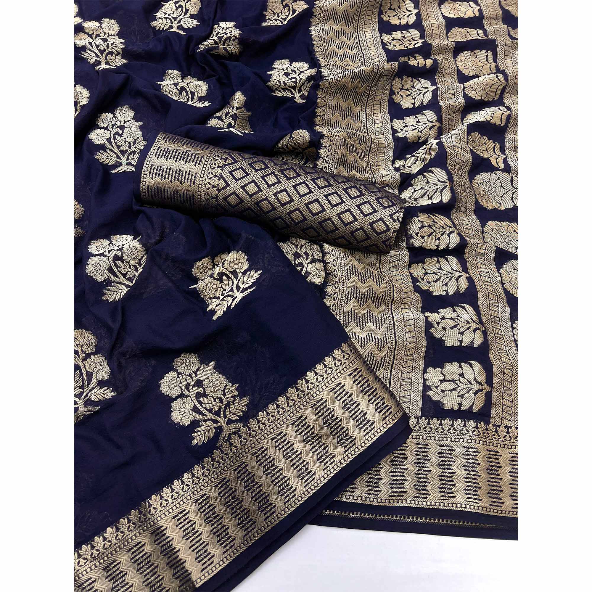 Navy Blue Crepe Silk Saree With Floral Zari Weaving & Stylish Tassel Pallu