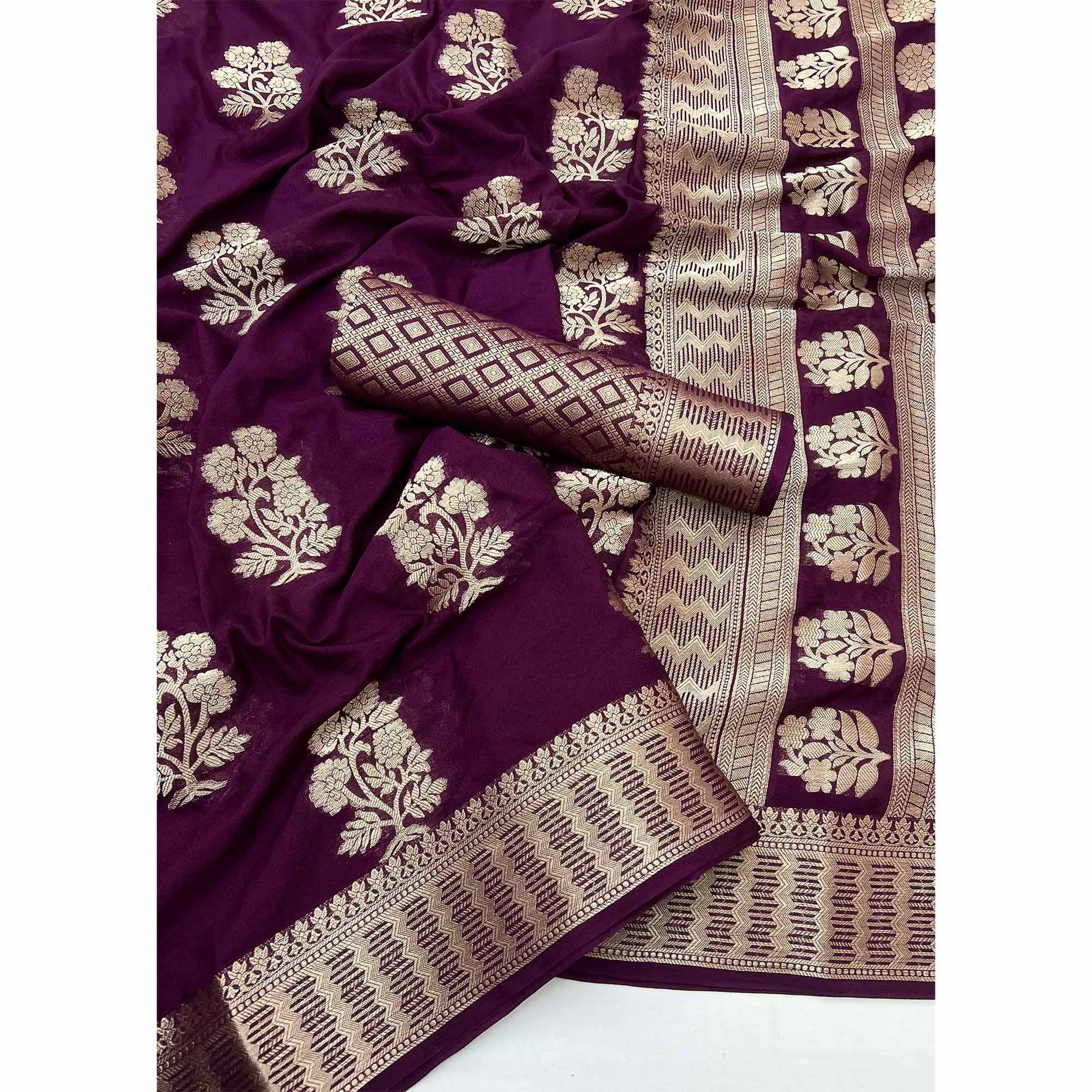 Wine Crepe Silk Saree With Floral Zari Weaving & Stylish Tassel Pallu