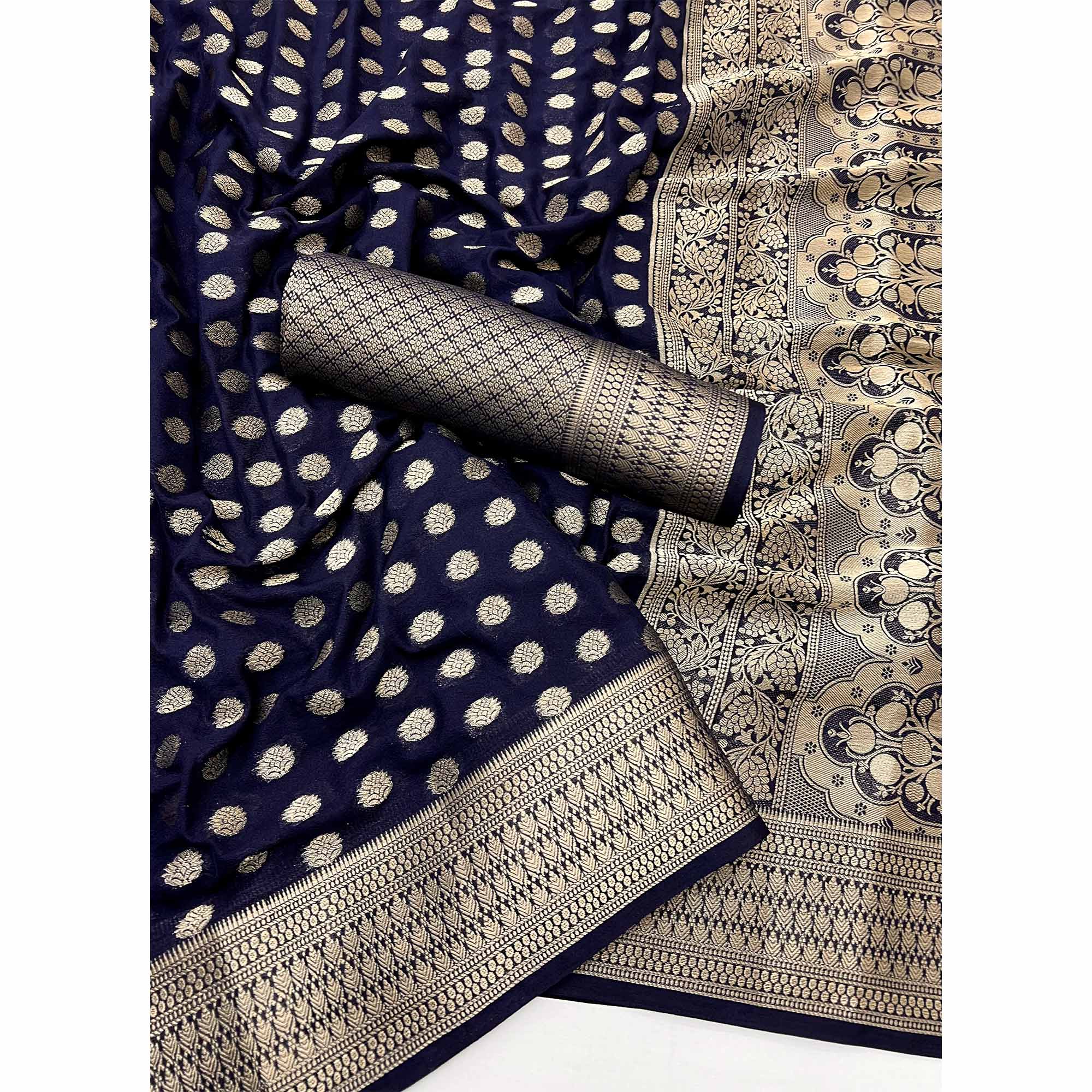 Navy Blue Floral Zari Woven Crepe Silk Saree Accented With Tassel Pallu