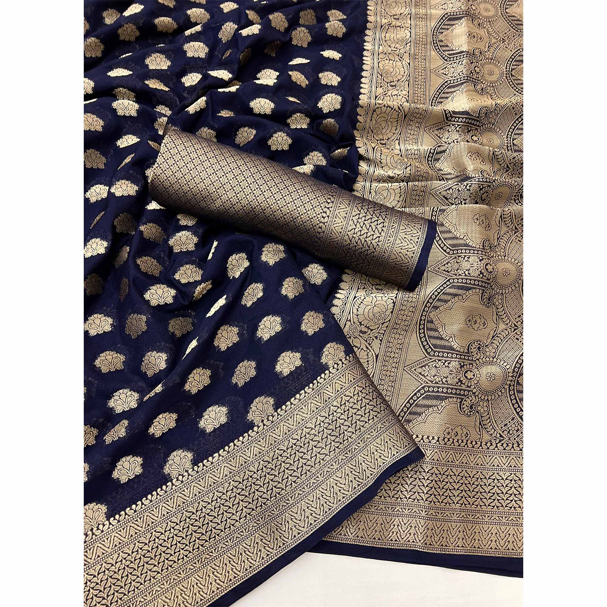 Navy Blue Zari Woven Floral Silk Saree With Chic Tassel Finish Pallu