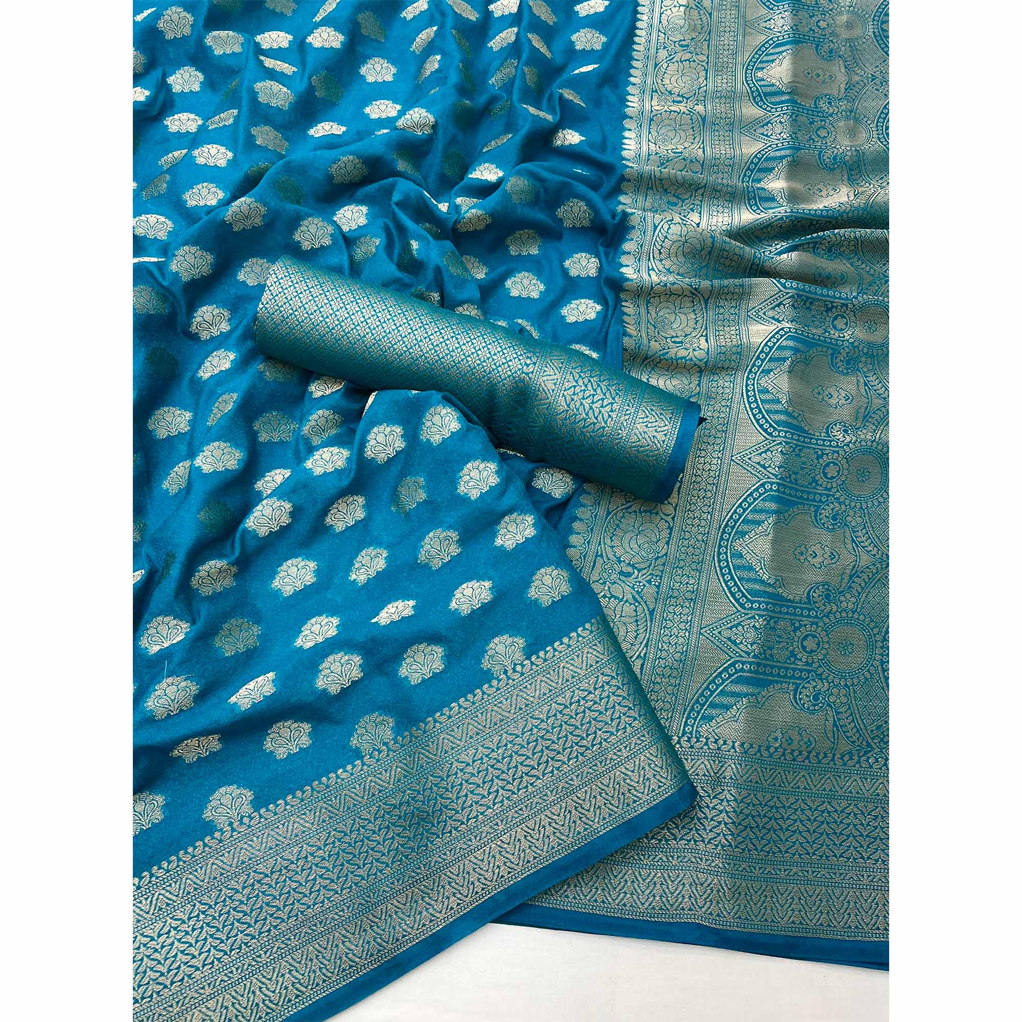 Blue Zari Woven Floral Silk Saree With Chic Tassel Finish Pallu