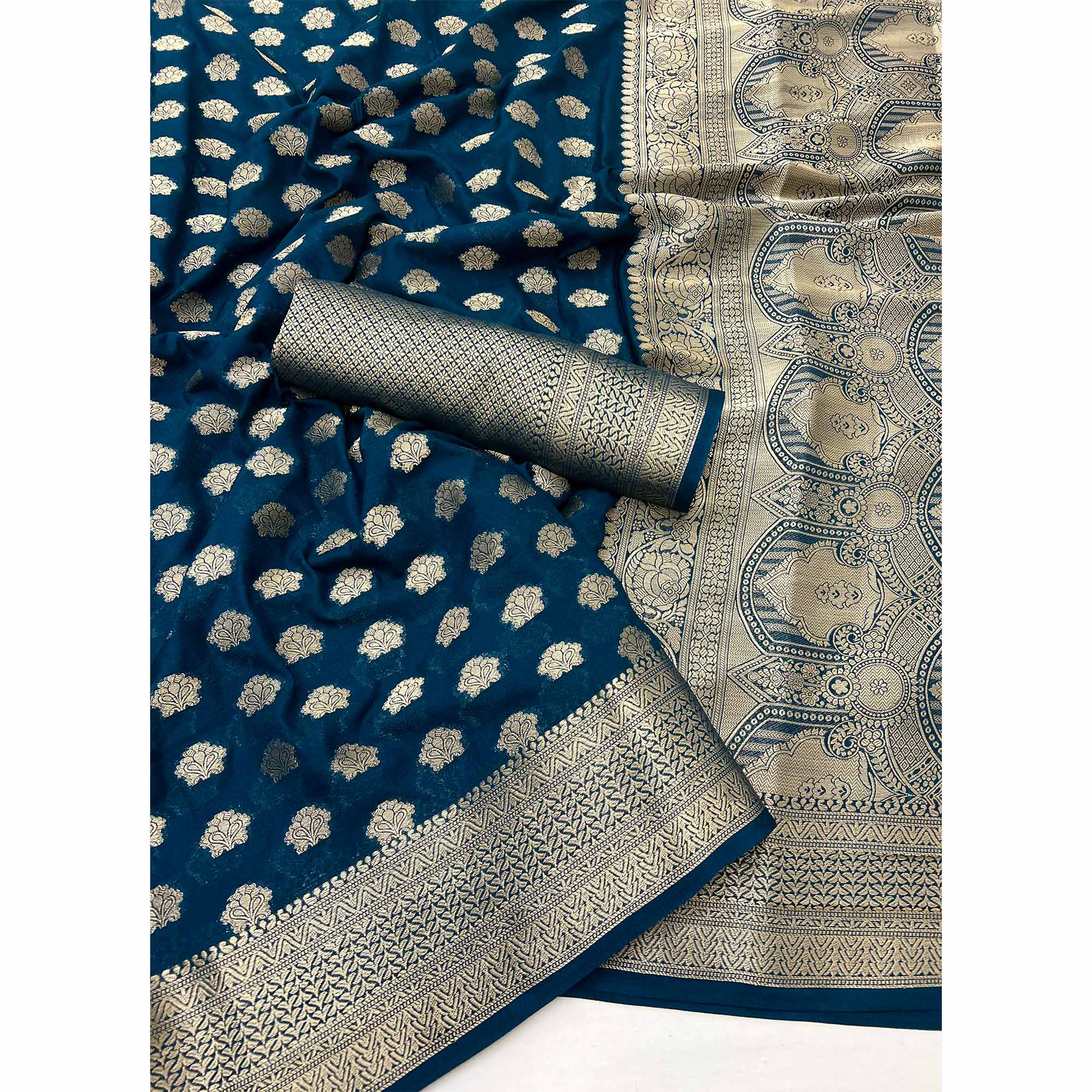 Dark Teal Blue Zari Woven Floral Silk Saree With Chic Tassel Finish Pallu