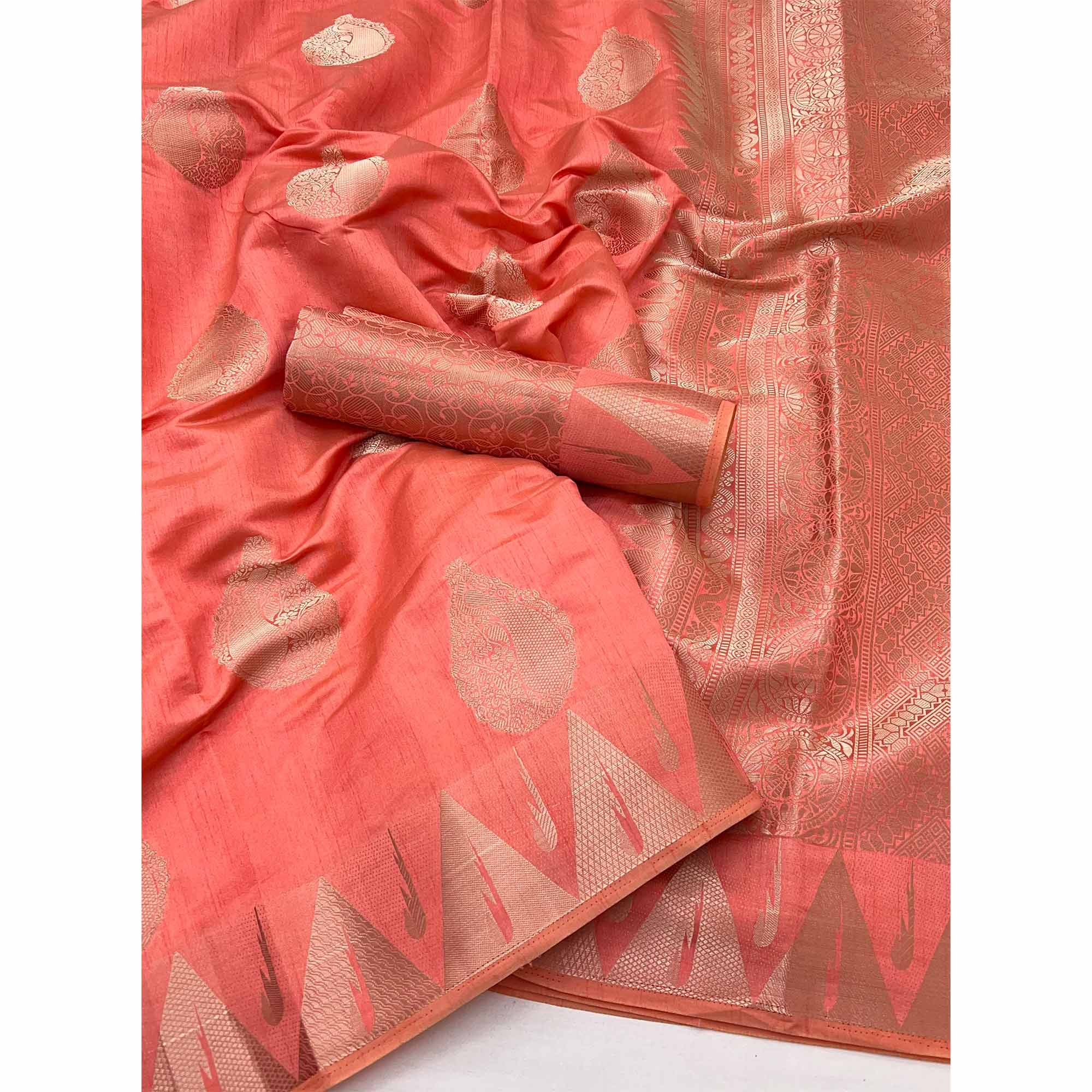 Coral Pink Tusser Cotton Silk Saree With Floral Zari Weaving & Tassel Pallu