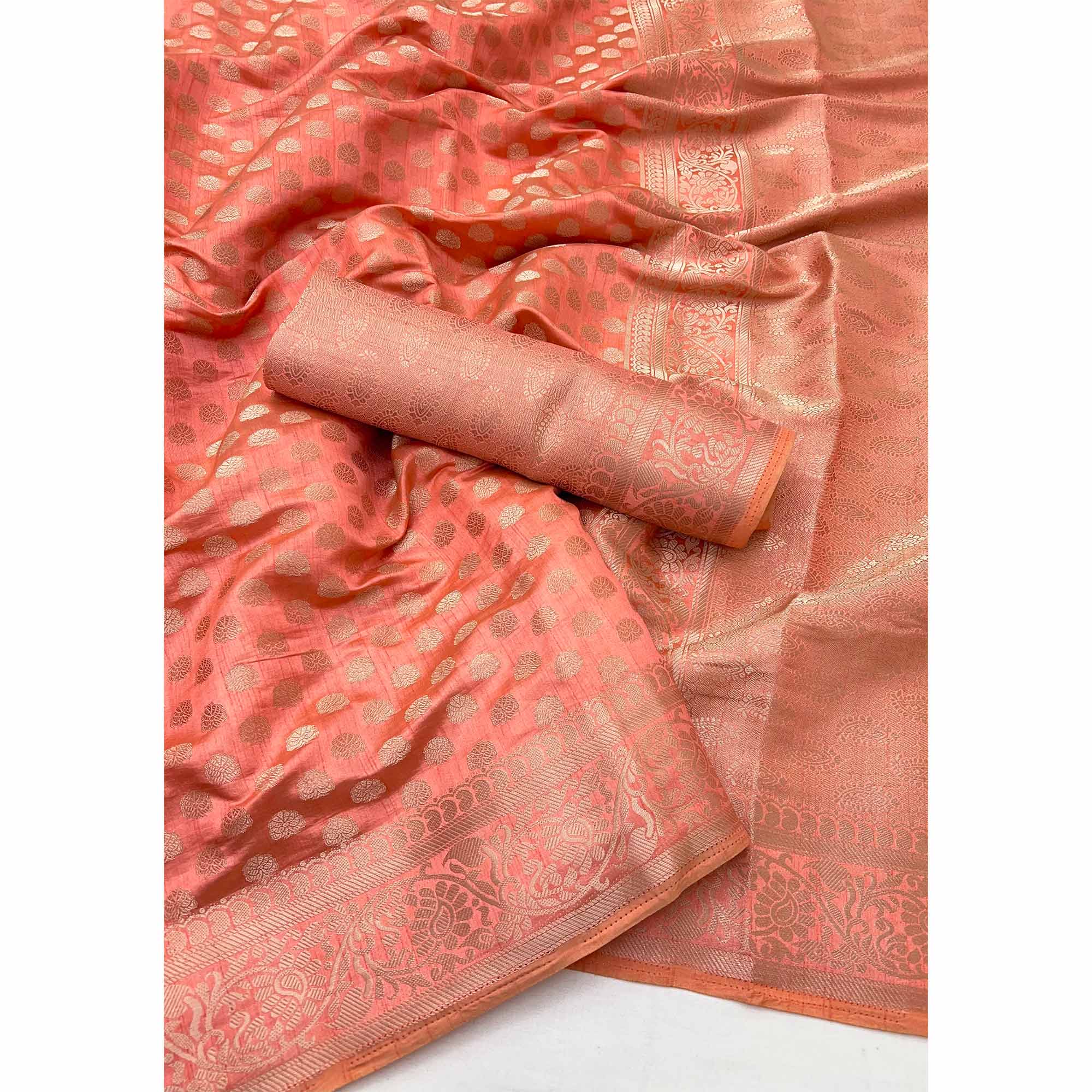 Peach Tusser Cotton Silk Saree Featuring Intricate Floral Zari Weave & Tassel Pallu