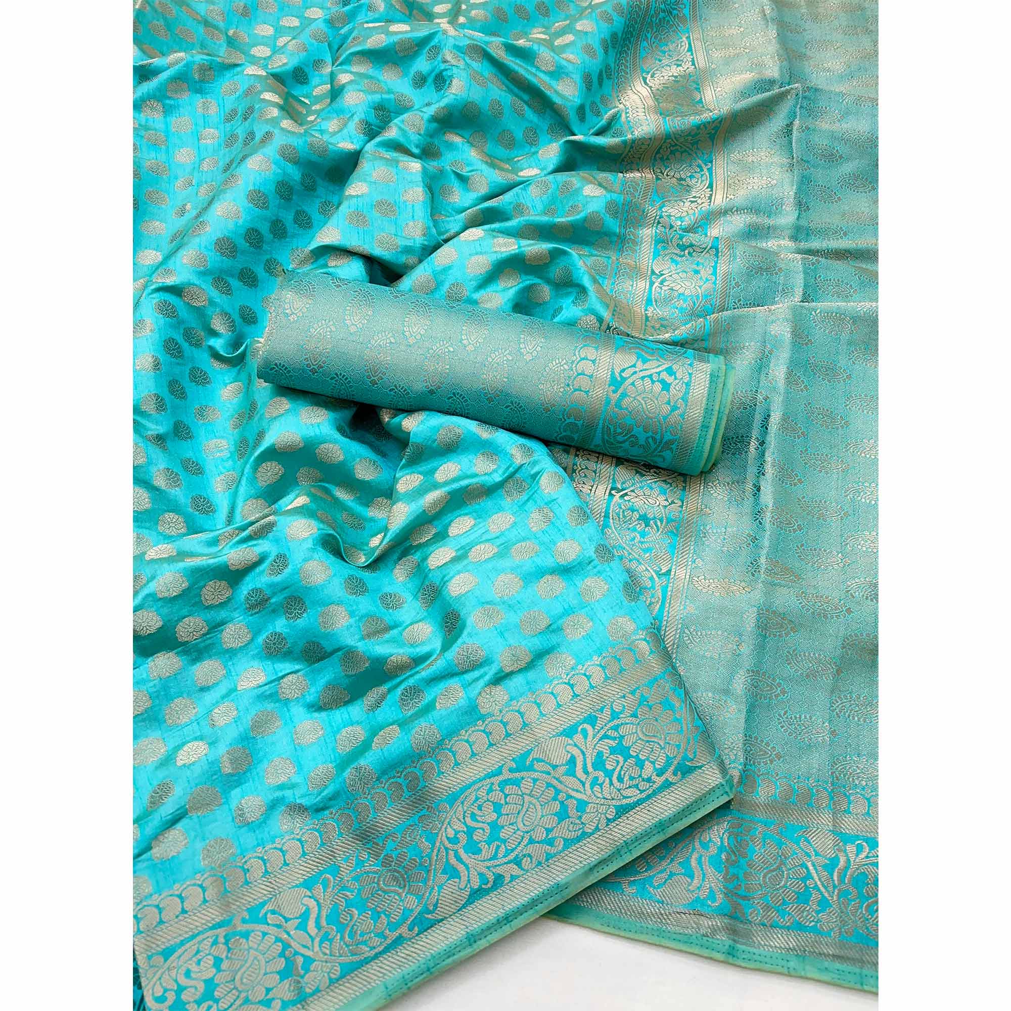 Blue Tusser Cotton Silk Saree Featuring Intricate Floral Zari Weave & Tassel Pallu