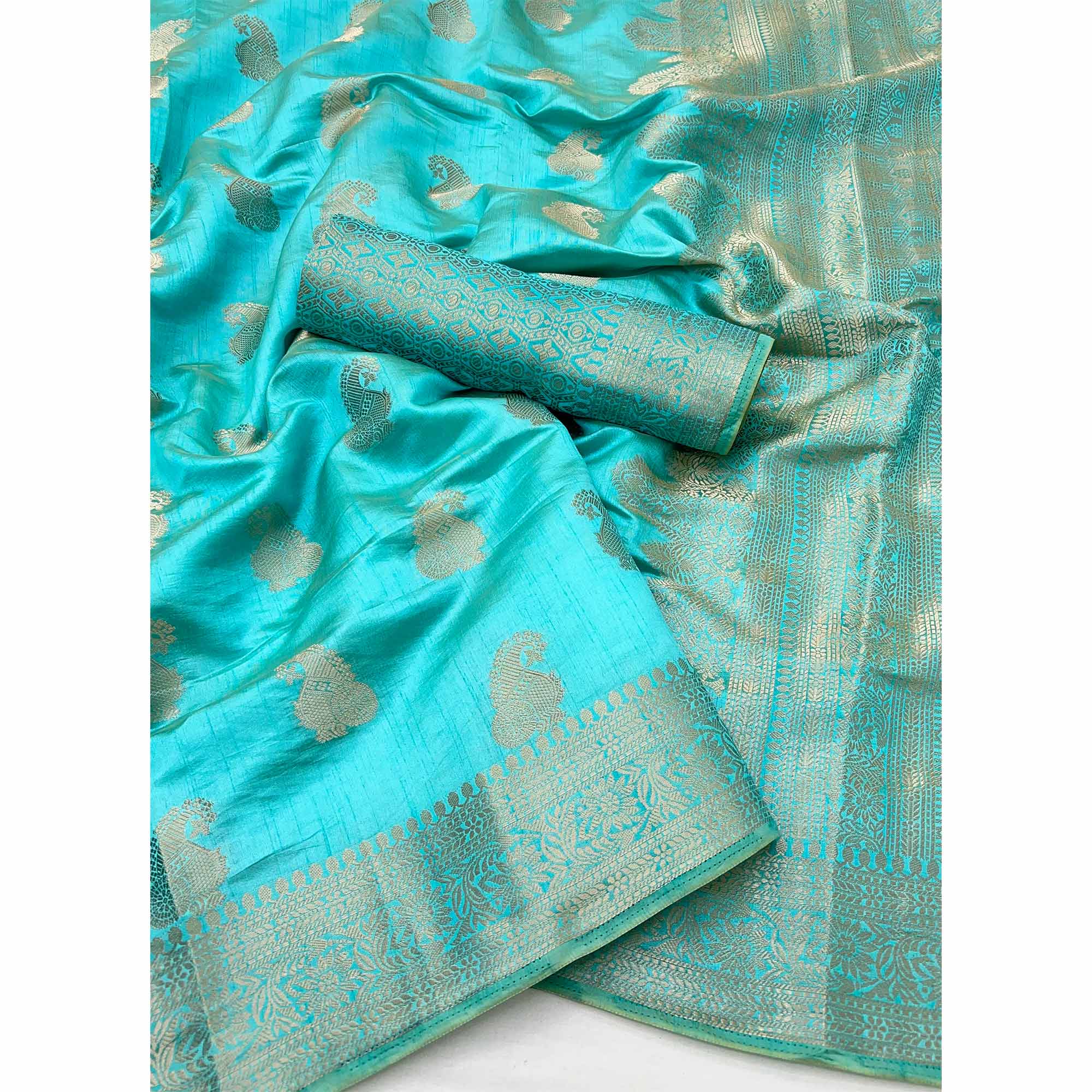 Blue Tusser Cotton Silk Saree Adorned With Floral Zari Weave & Tassel Pallu