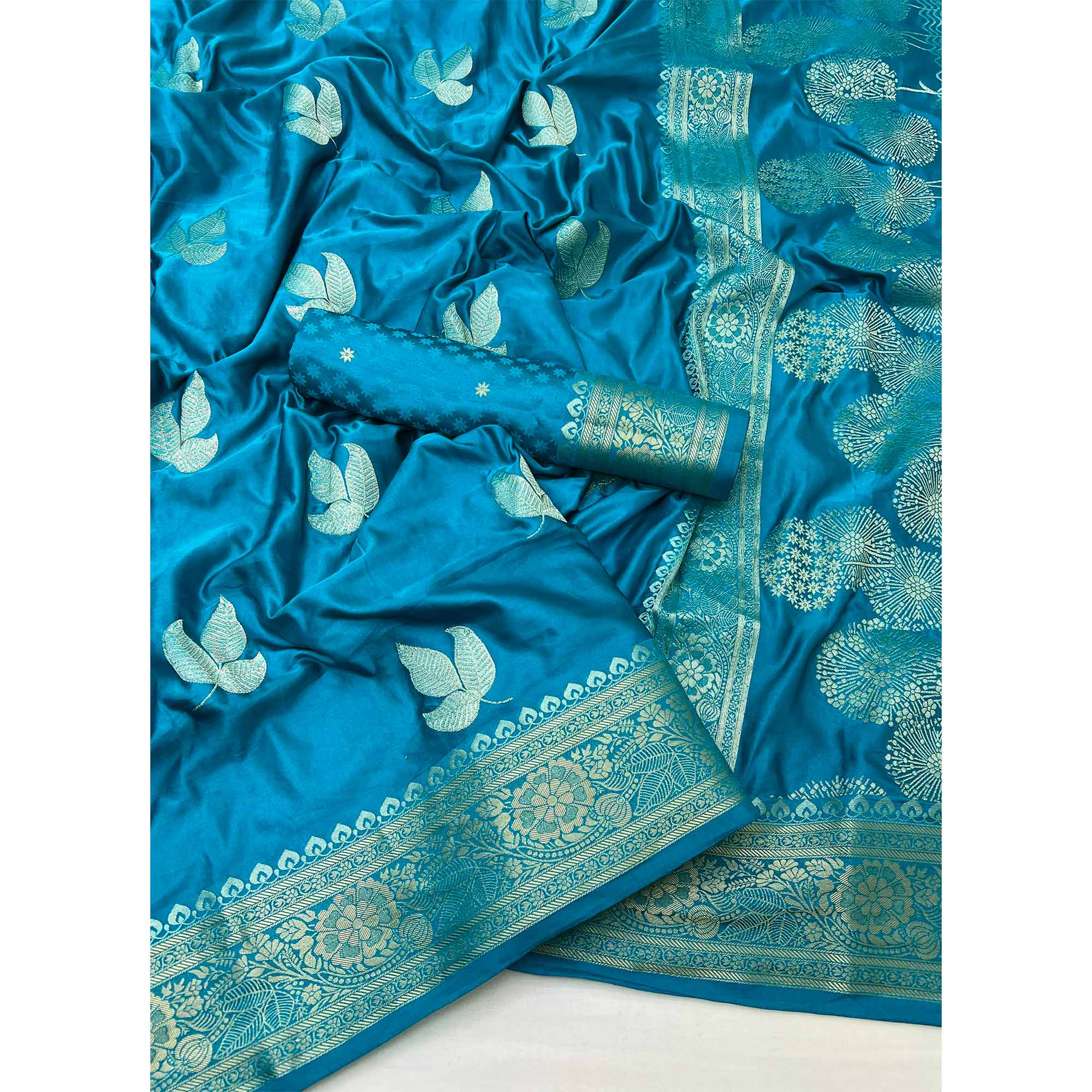 Blue Floral Zari Woven Satin Silk Saree With Graceful Tassel Pallu