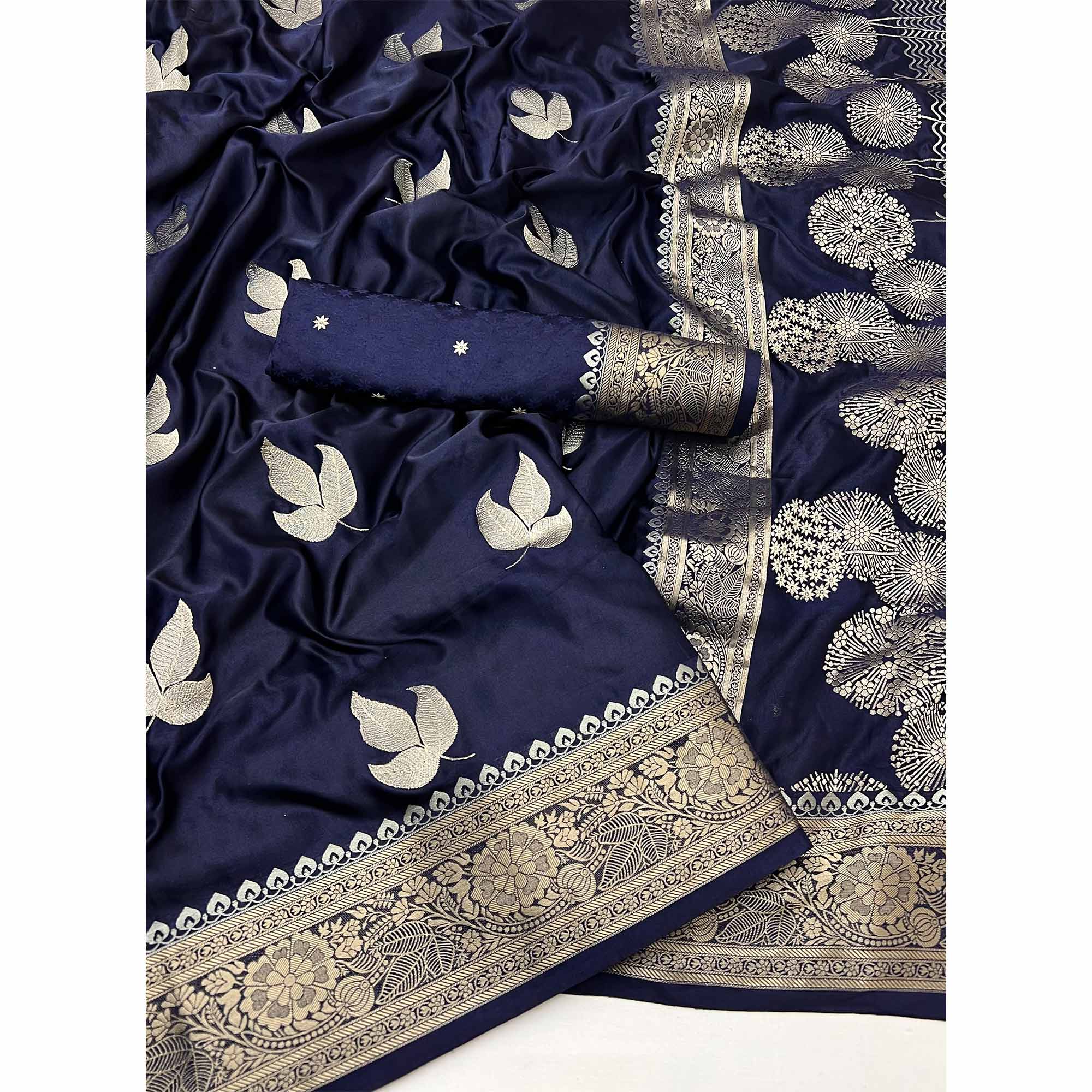 Navy Blue Floral Zari Woven Satin Silk Saree With Graceful Tassel Pallu