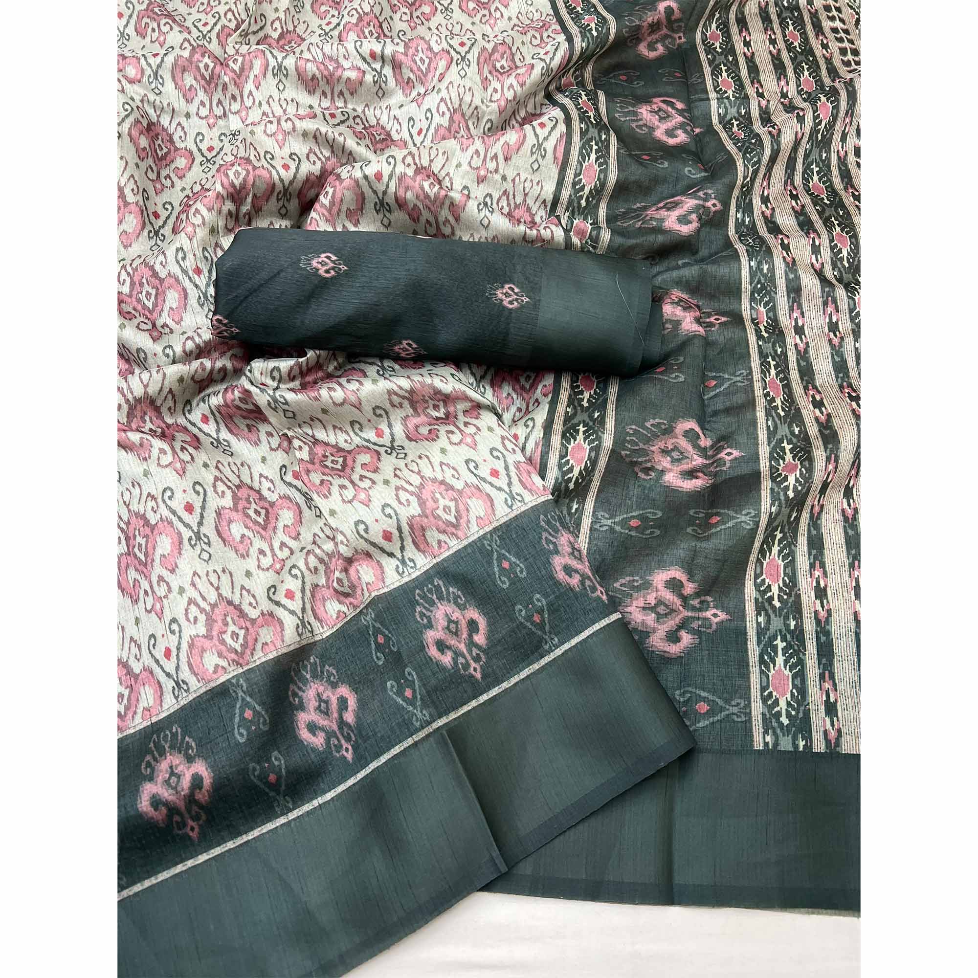 Cream & Green Art Silk Saree Featuring Modern Digital Print & Tassel Pallu