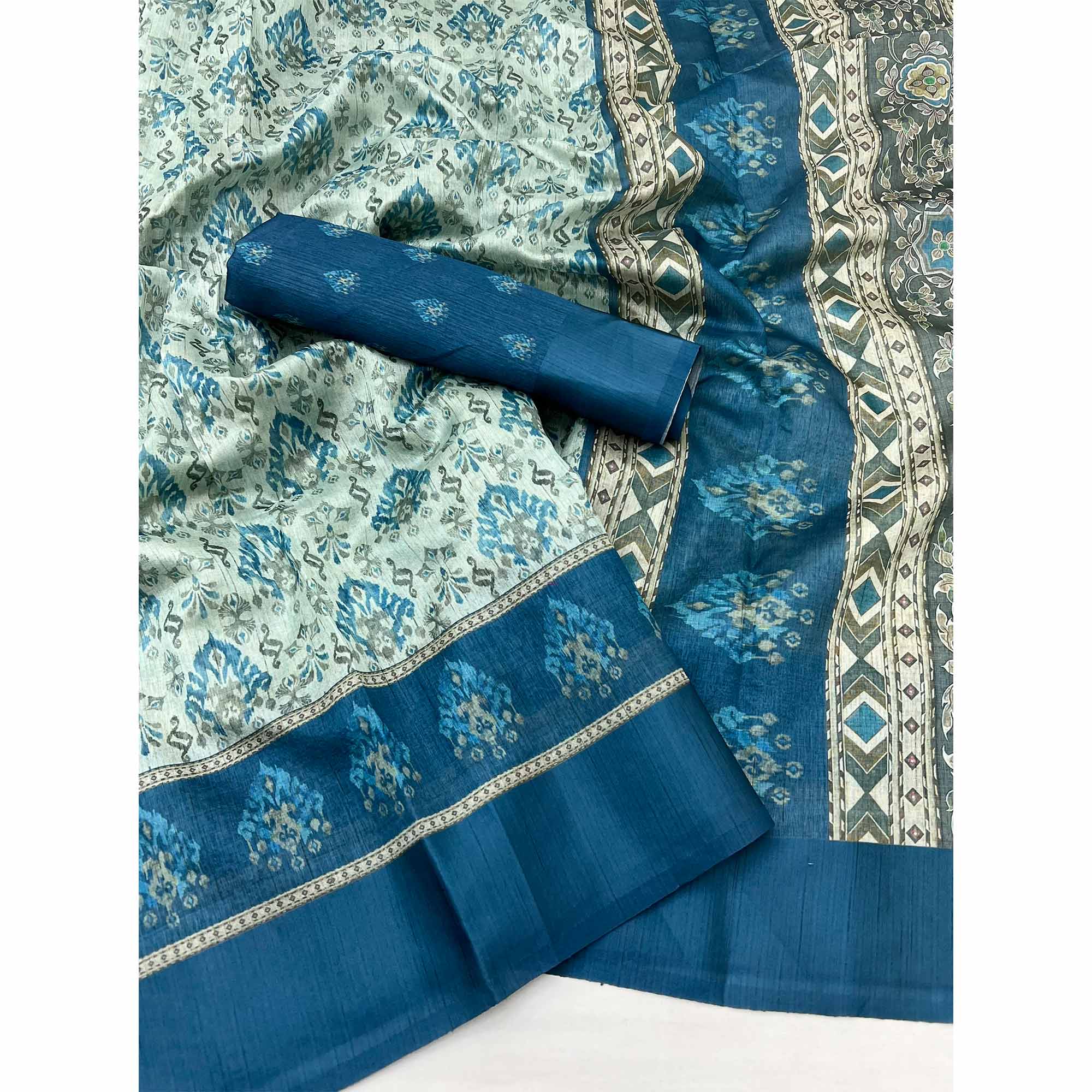 Blue Art Silk Saree Featuring Modern Digital Print & Tassel Pallu