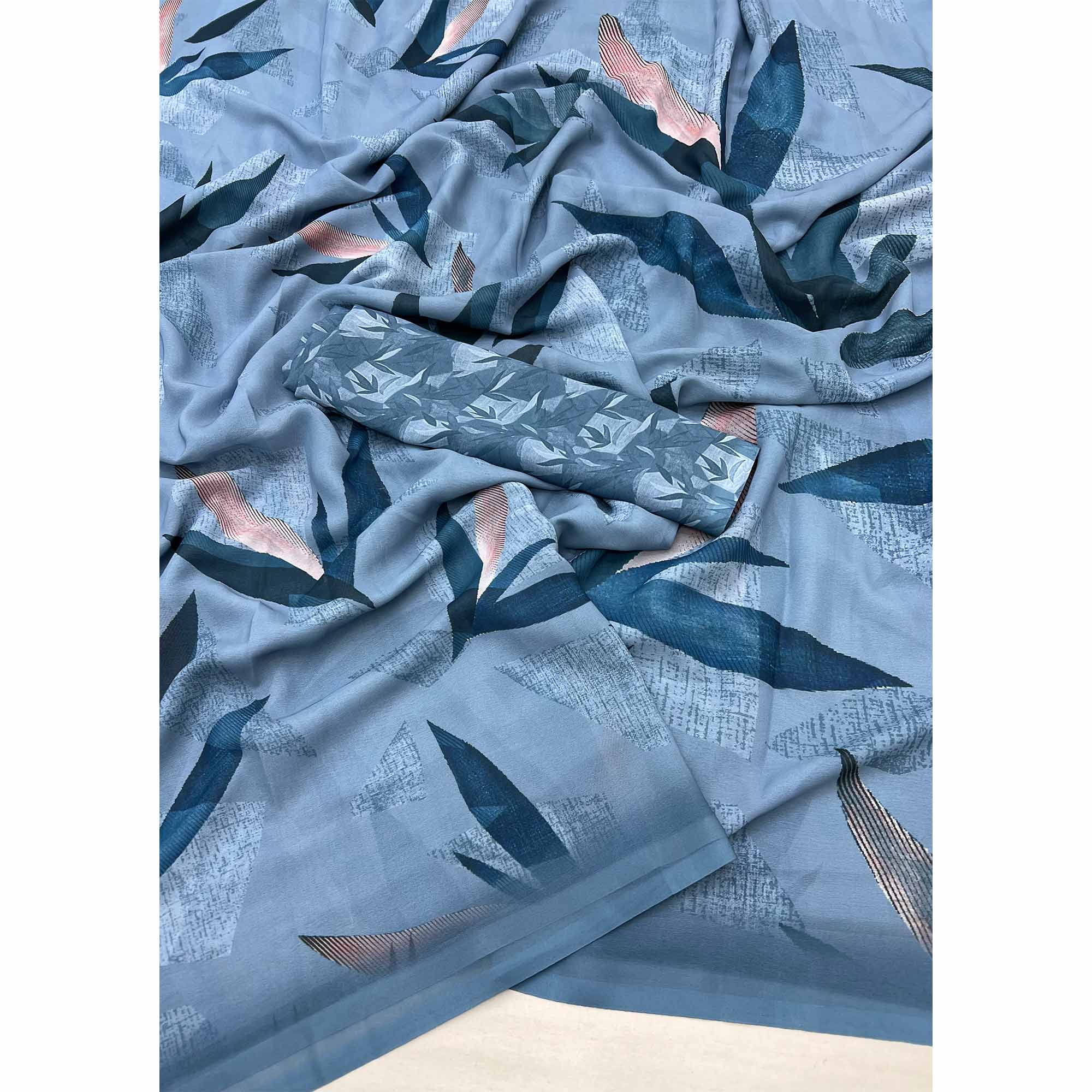 Blue Georgette Saree With Elegant Floral Digital Print