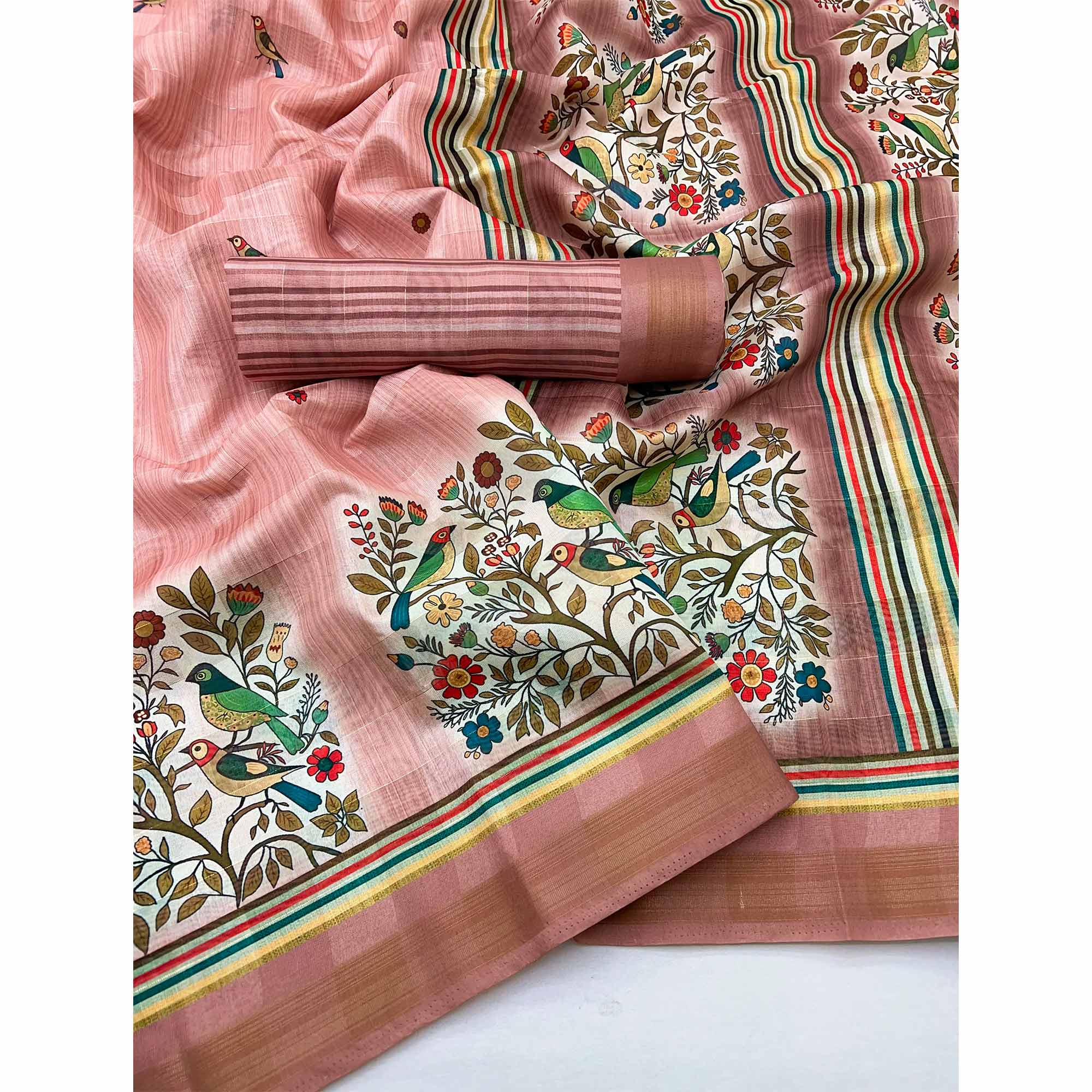 Peach Cotton Blend Saree Highlighted With Bird & Floral Digital Print