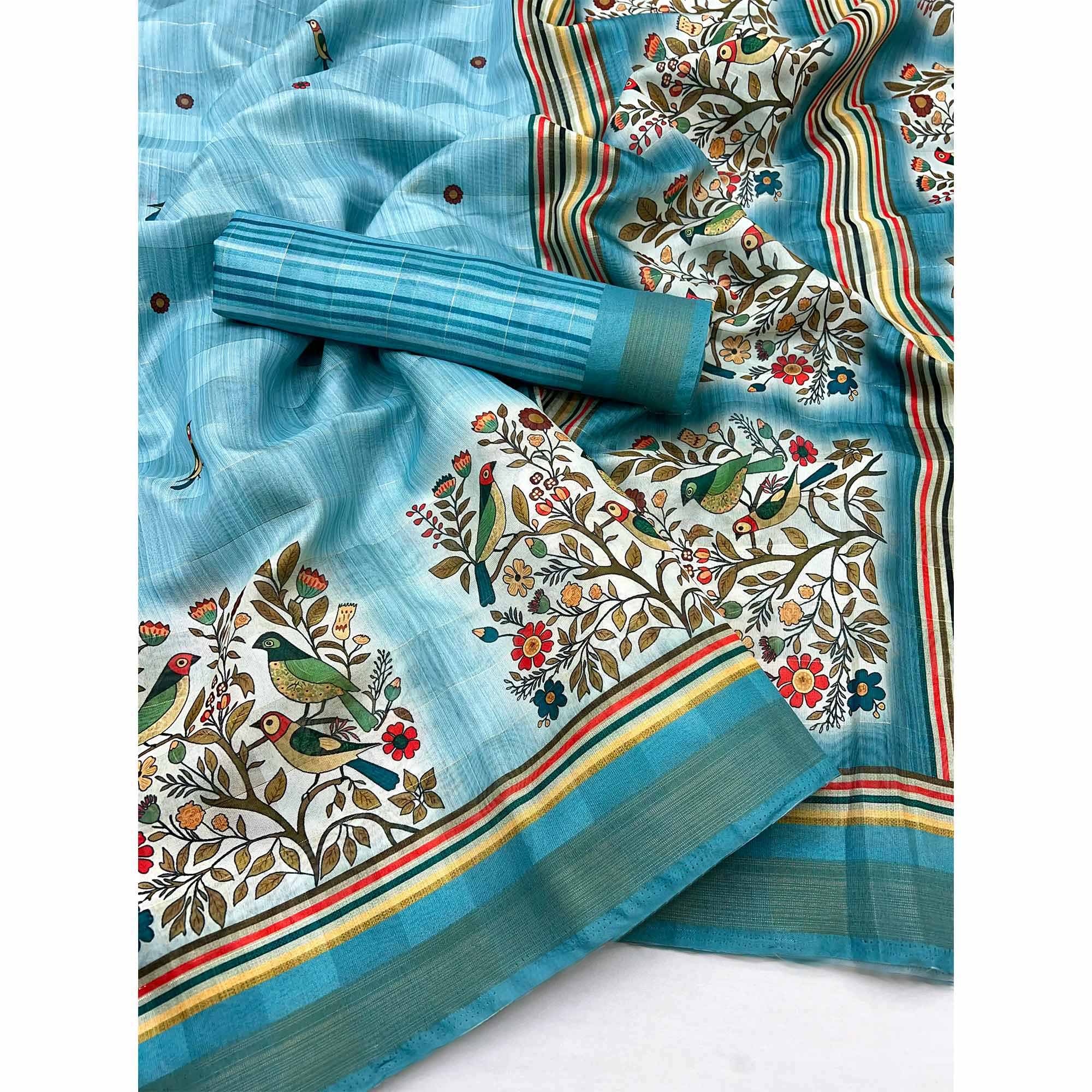 Blue Cotton Blend Saree Highlighted With Bird & Floral Digital Print