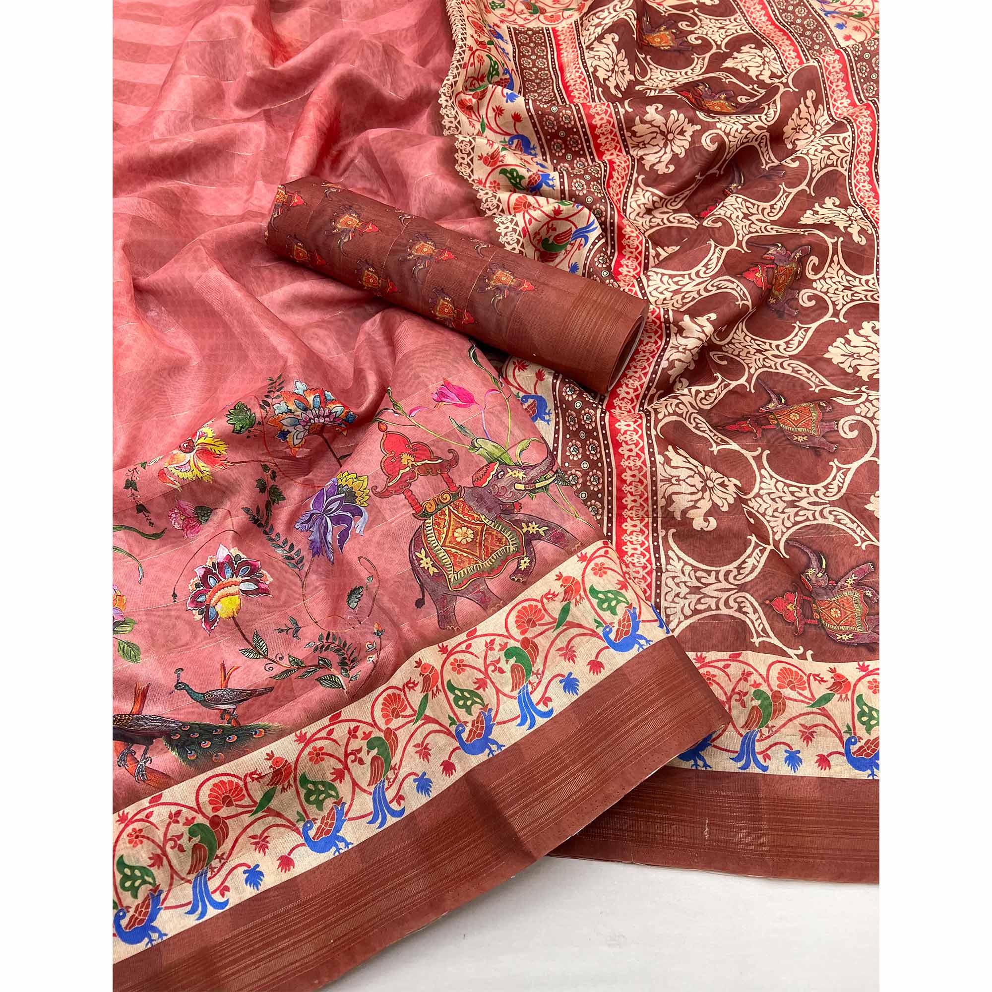 Peach Cotton Blend Saree Highlighted With Animal & Floral Digital Print