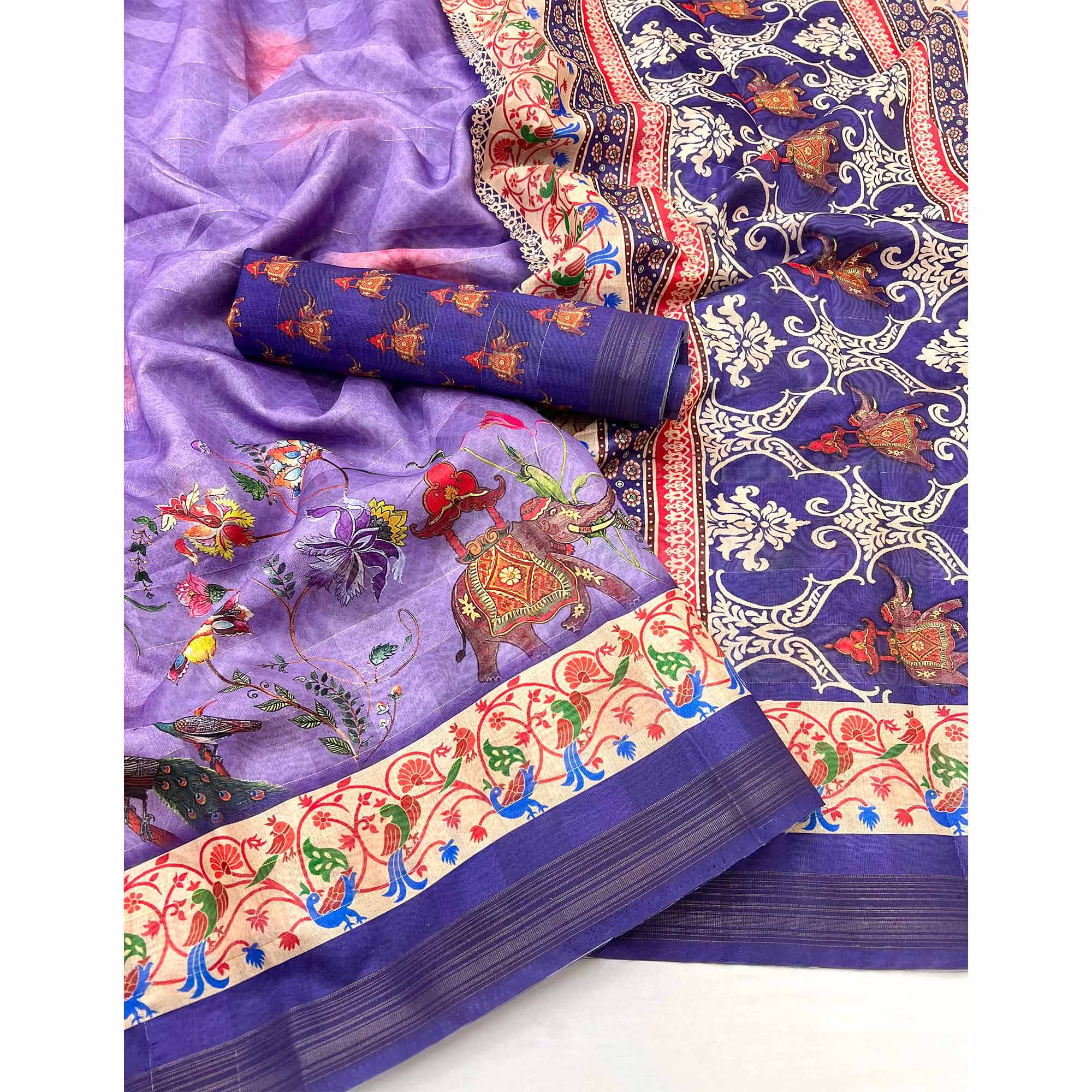 Purple Cotton Blend Saree Highlighted With Animal & Floral Digital Print
