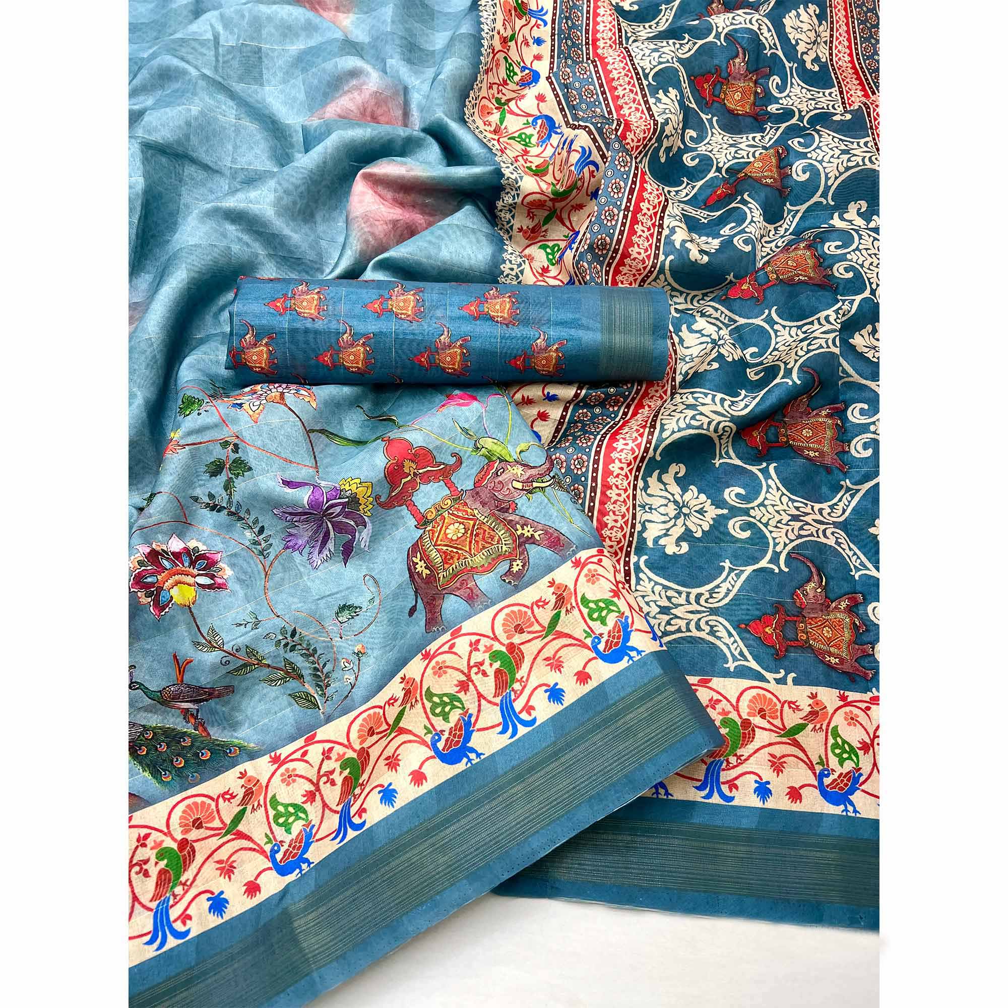 Blue Cotton Blend Saree Highlighted With Animal & Floral Digital Print