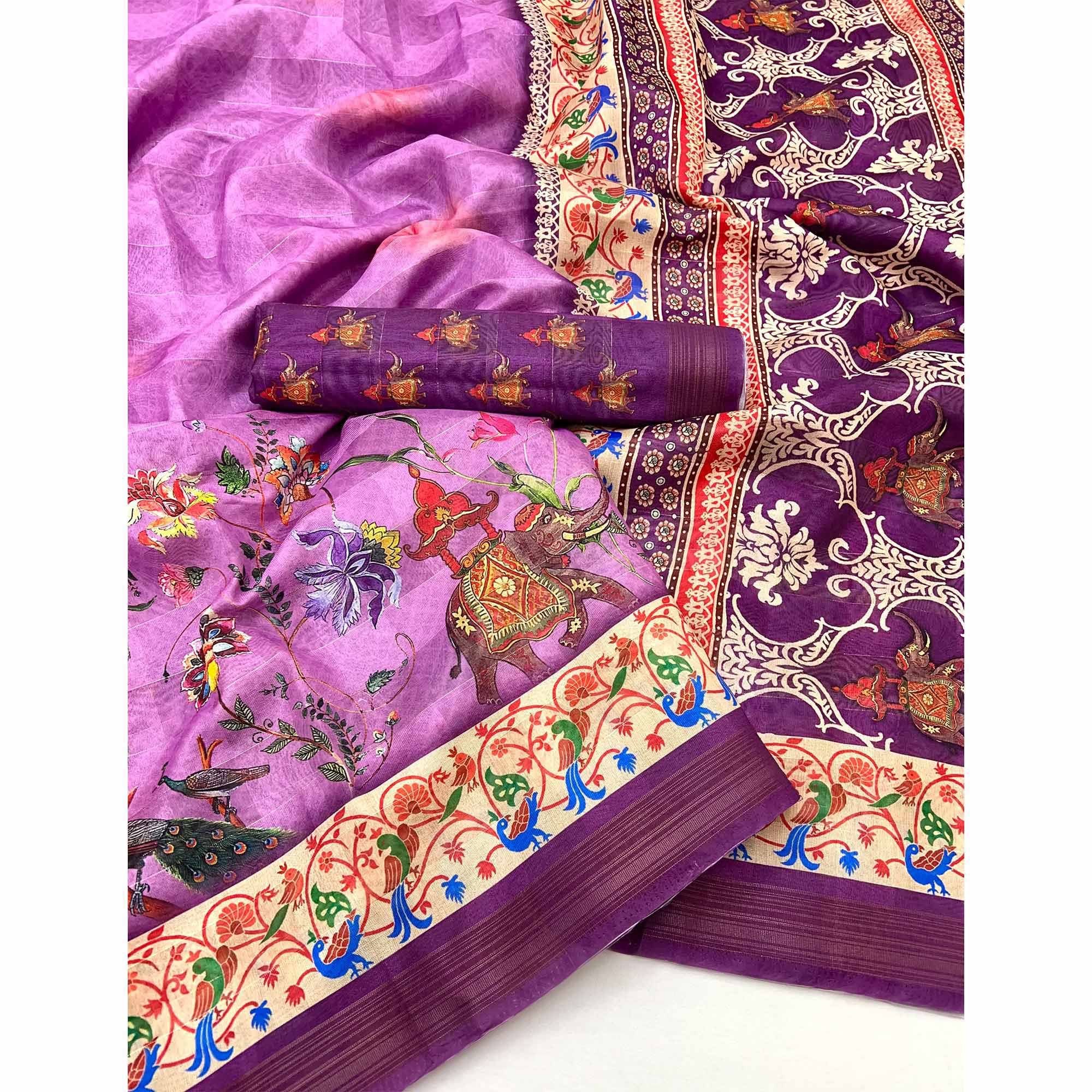 Magenta Cotton Blend Saree Highlighted With Animal & Floral Digital Print