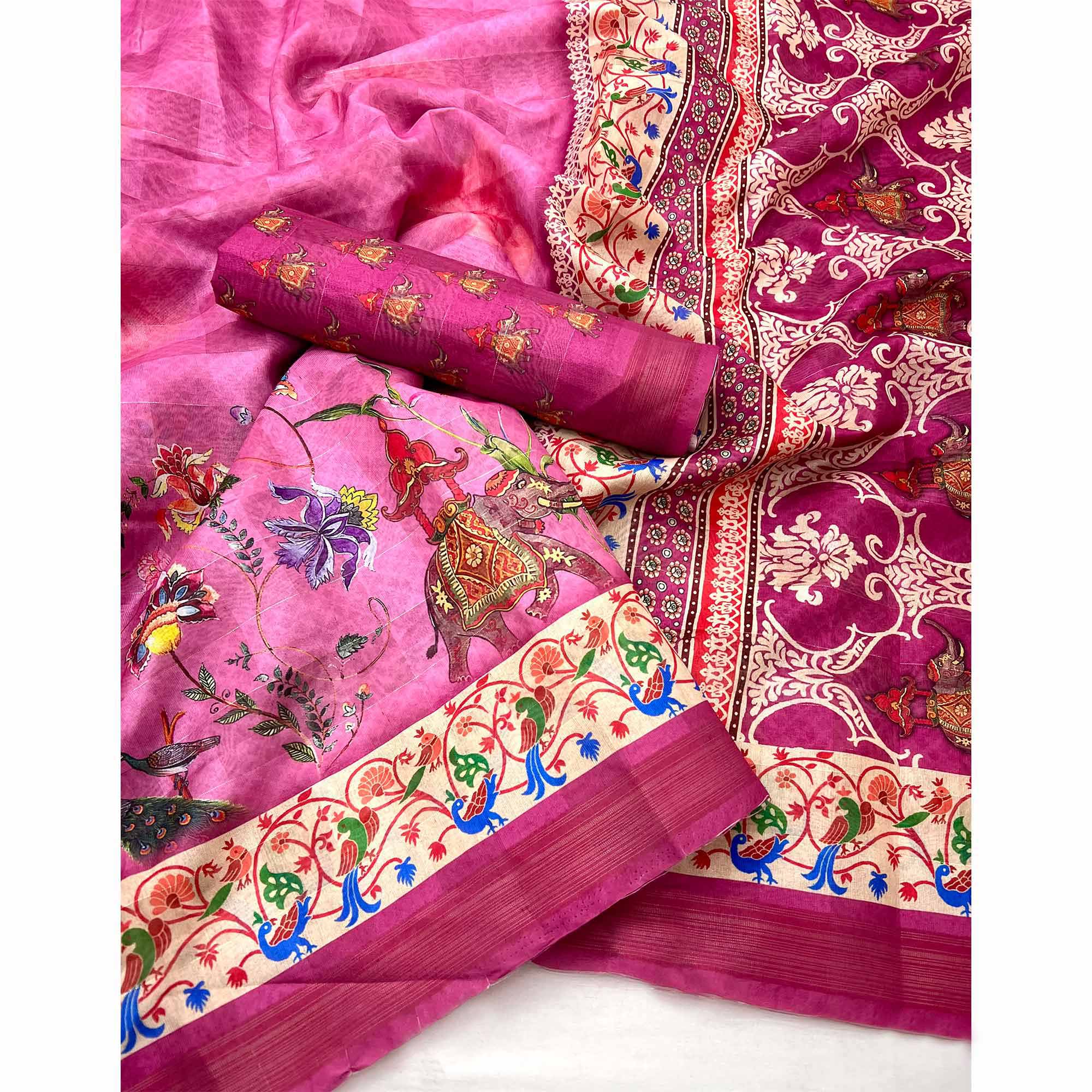 Pink Cotton Blend Saree Highlighted With Animal & Floral Digital Print
