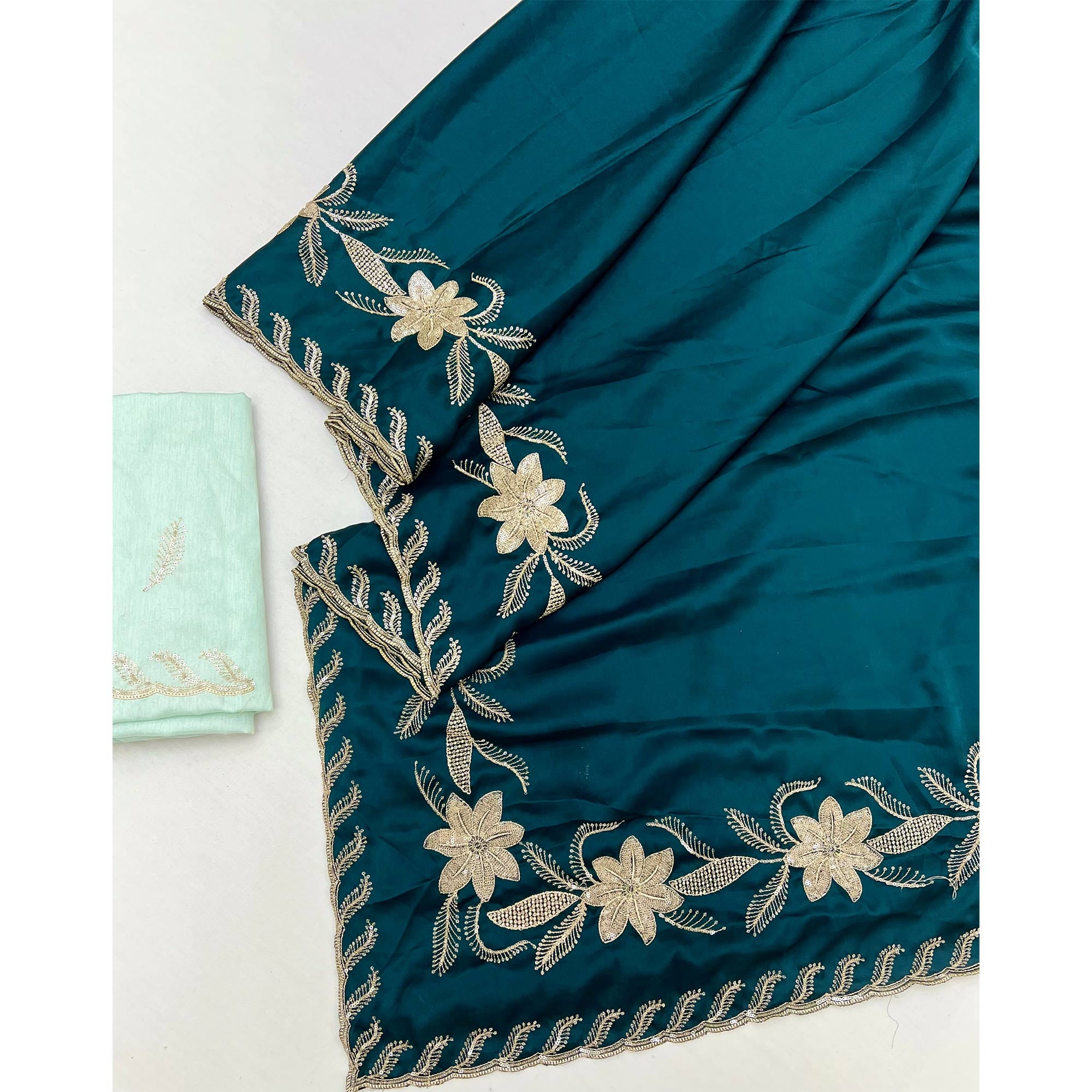 Teal Sequins Work Embroidered Satin Saree for Special Occasions
