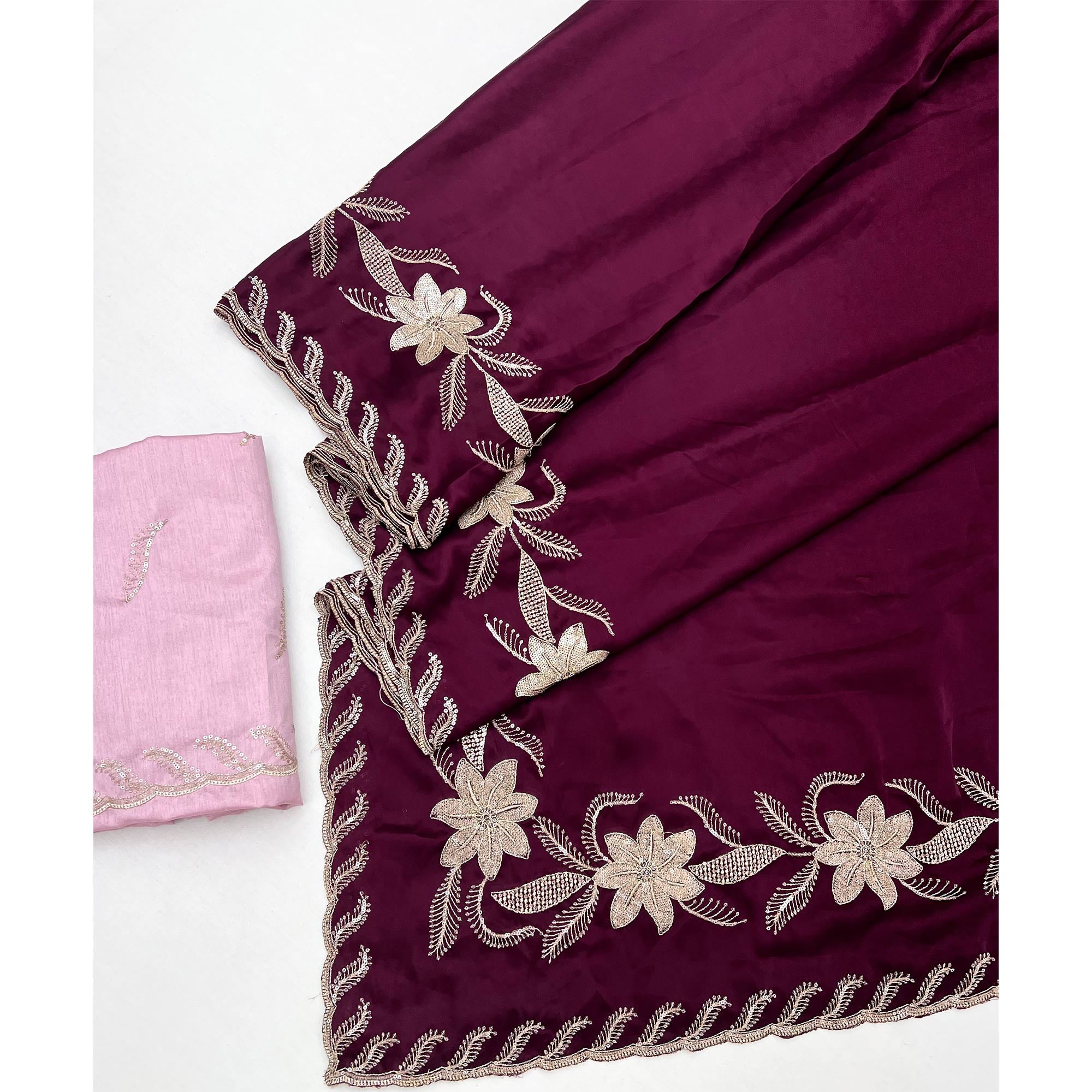 Wine Sequins Work Embroidered Satin Saree for Special Occasions