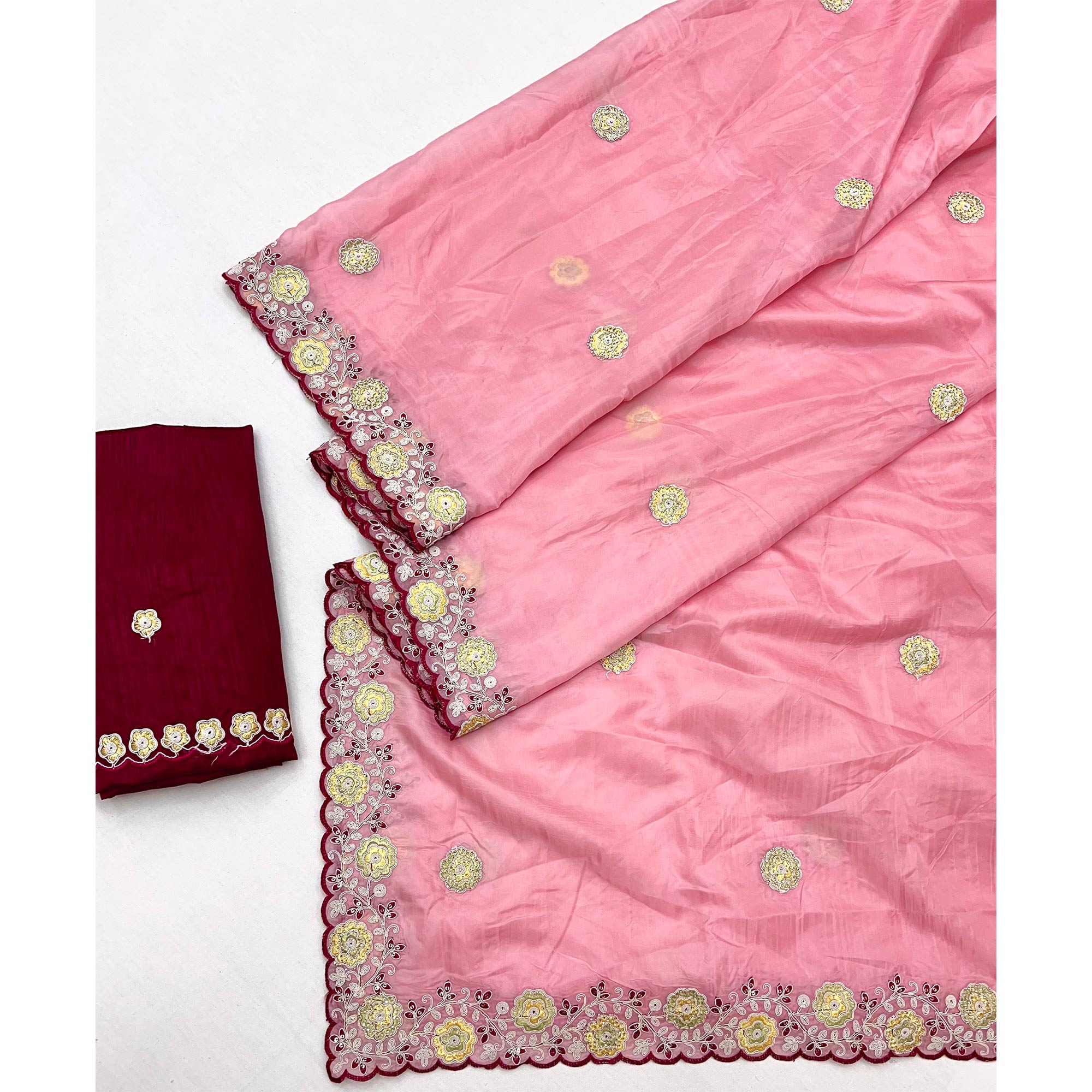 Pink Organza Saree Adorned with Intricate Floral Embroidery