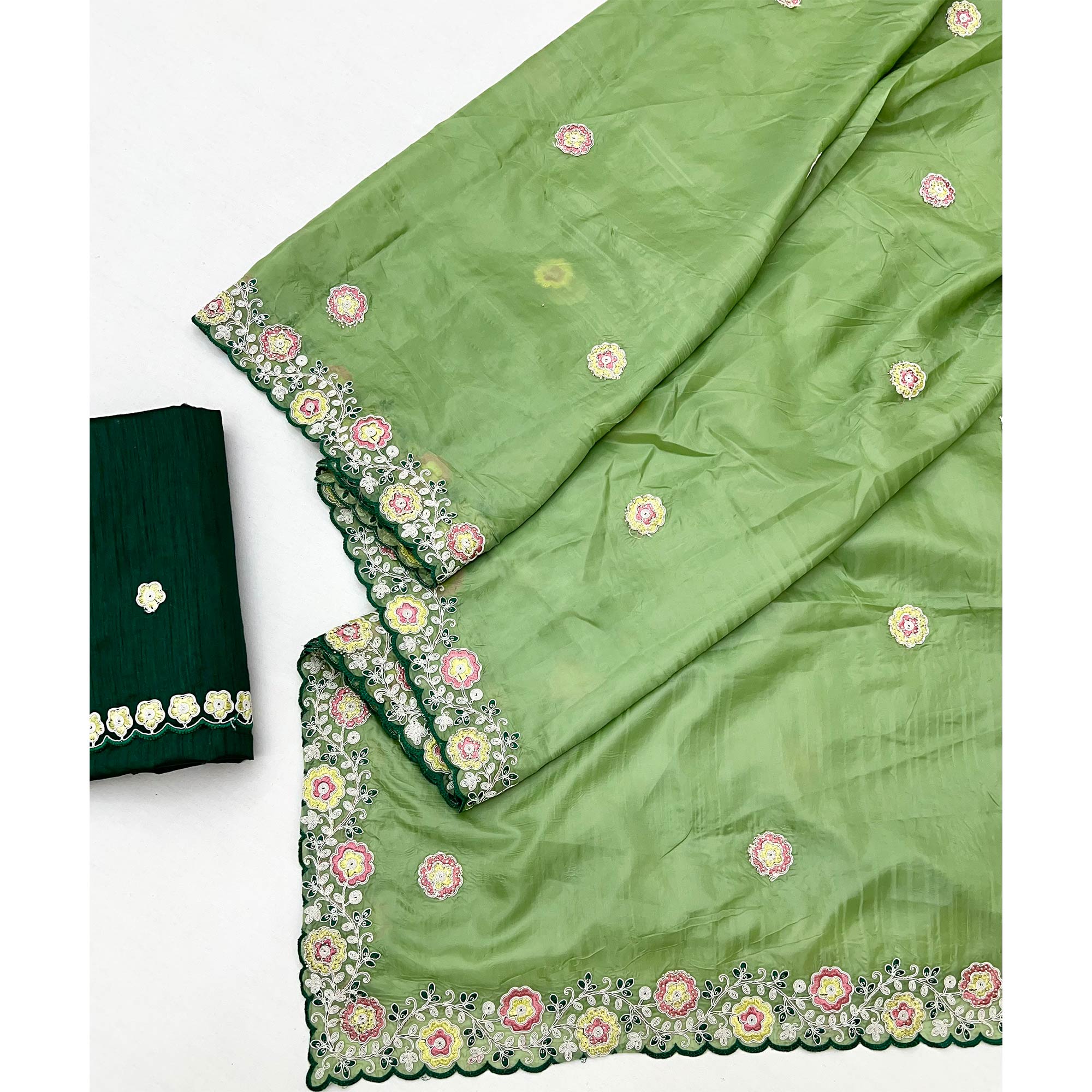 Green Organza Saree Adorned with Intricate Floral Embroidery