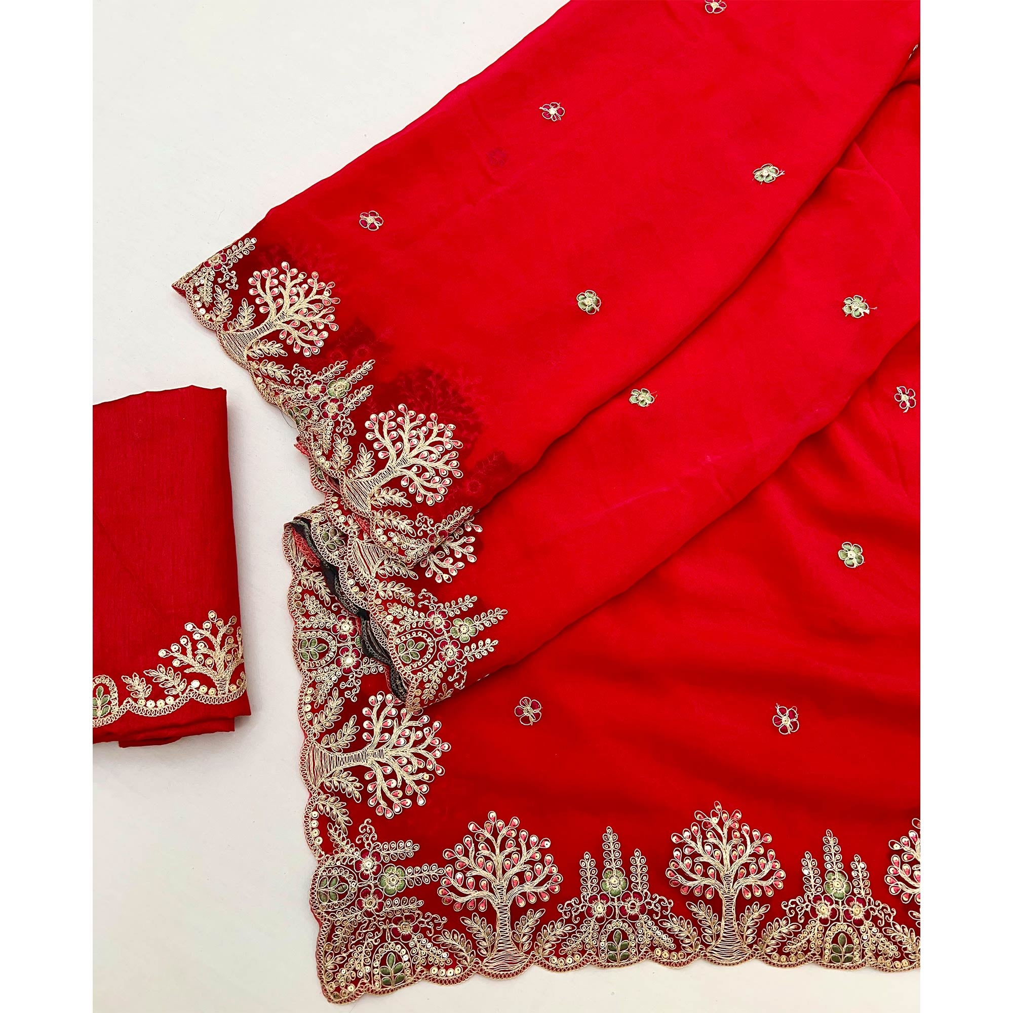 Red Floral Embroidered Crepe Saree with Subtle Sequin Detailing
