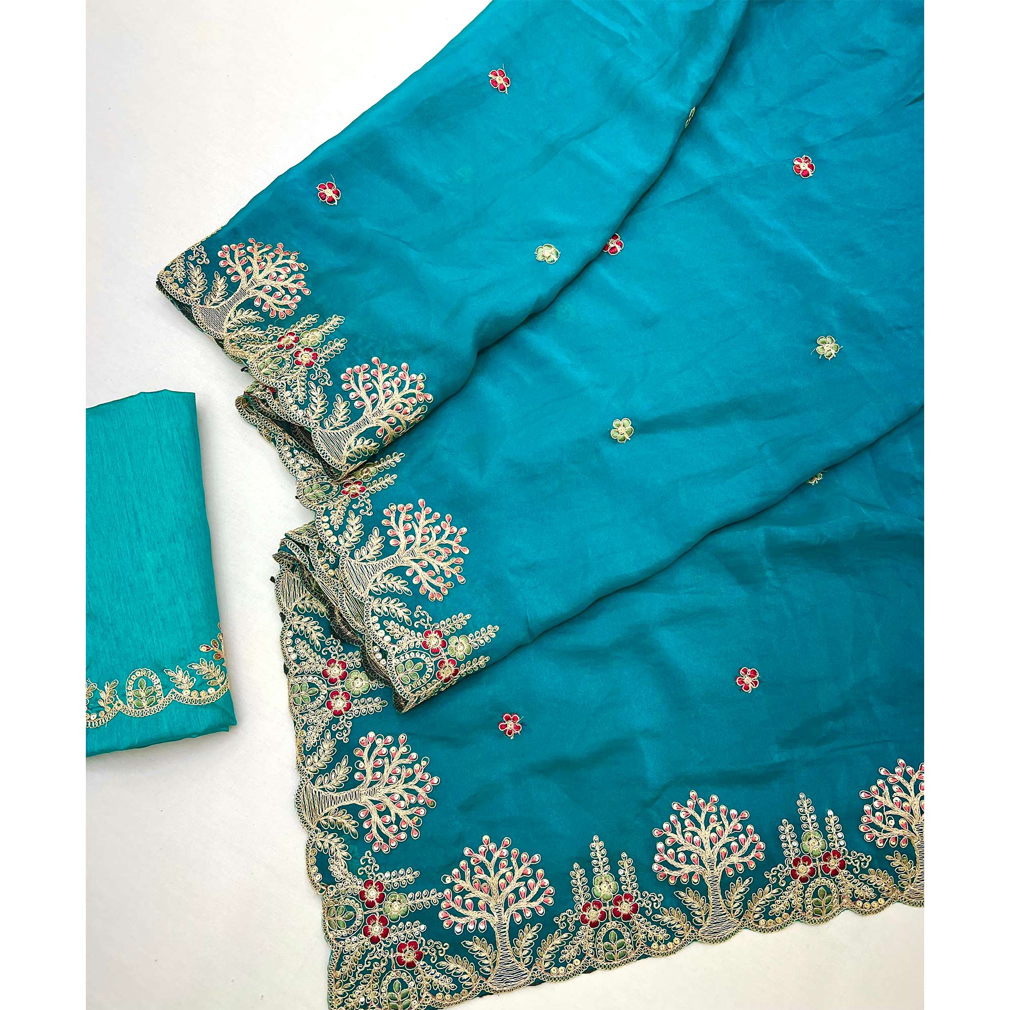 Teal Floral Embroidered Crepe Saree with Subtle Sequin Detailing