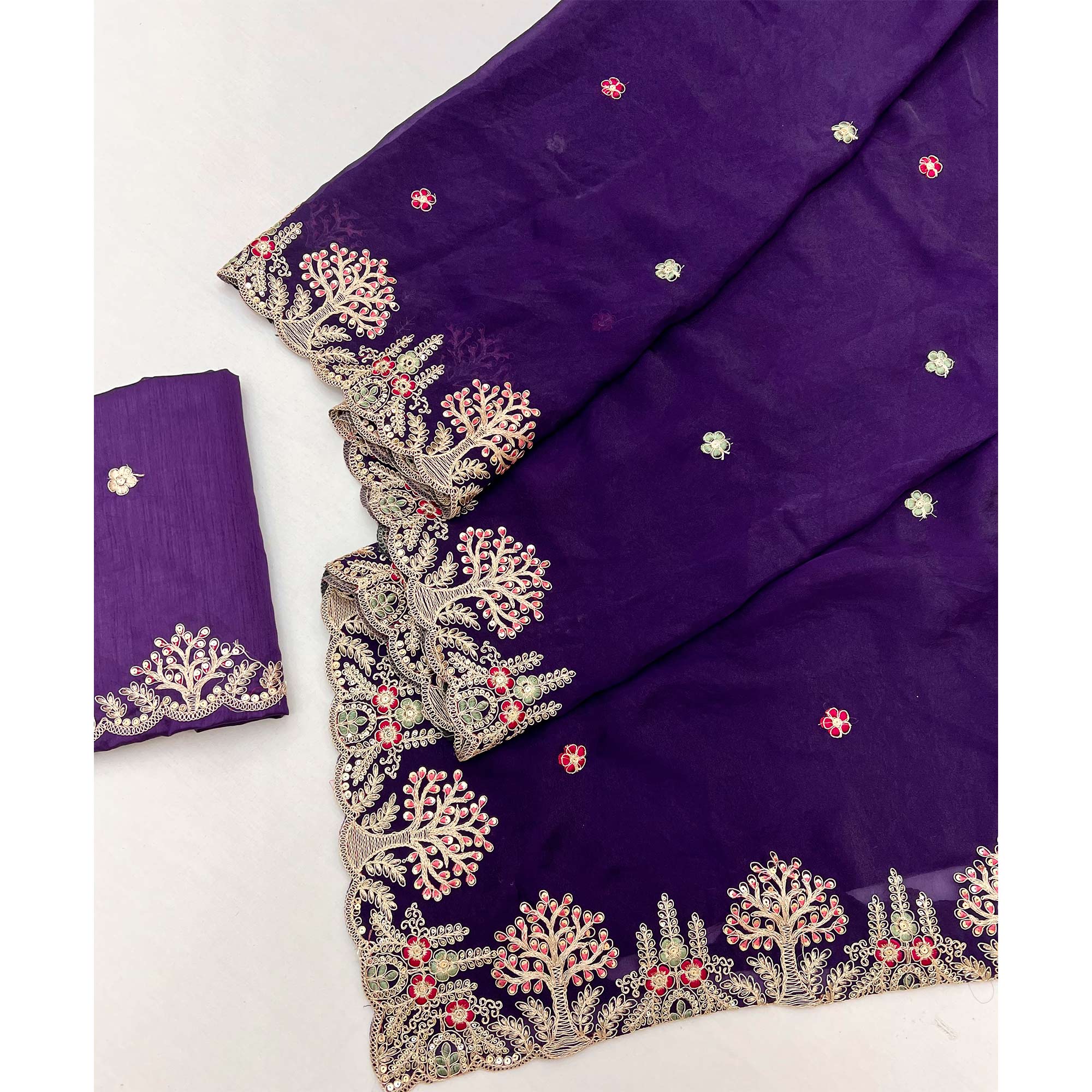 Violet Floral Embroidered Crepe Saree with Subtle Sequin Detailing