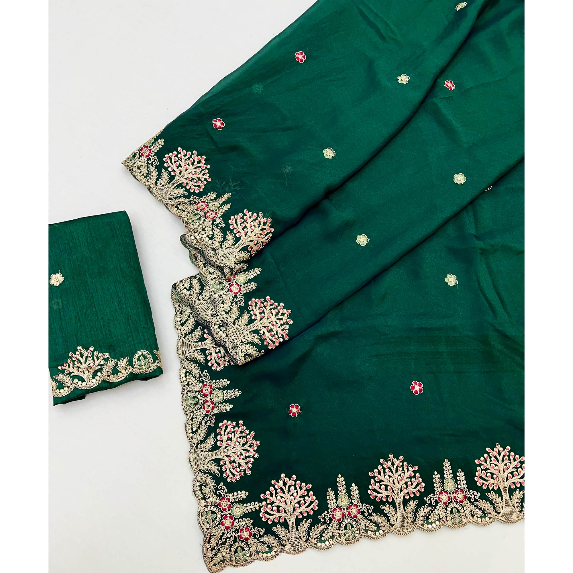 Green Floral Embroidered Crepe Saree with Subtle Sequin Detailing