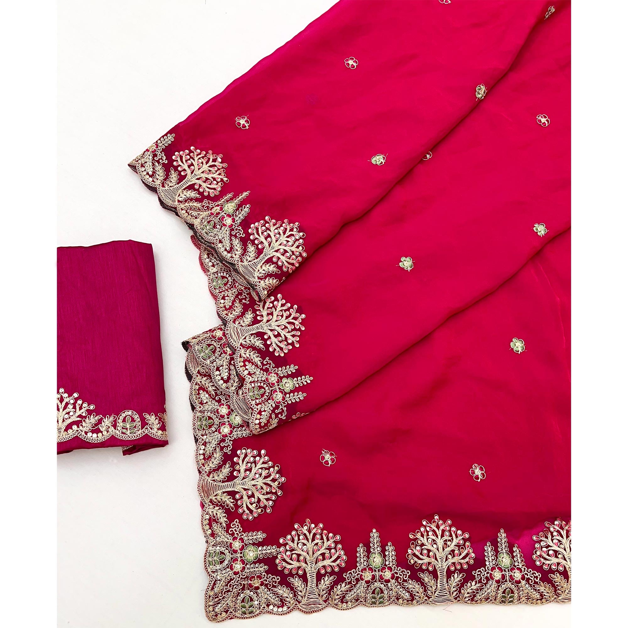 Pink Floral Embroidered Crepe Saree with Subtle Sequin Detailing
